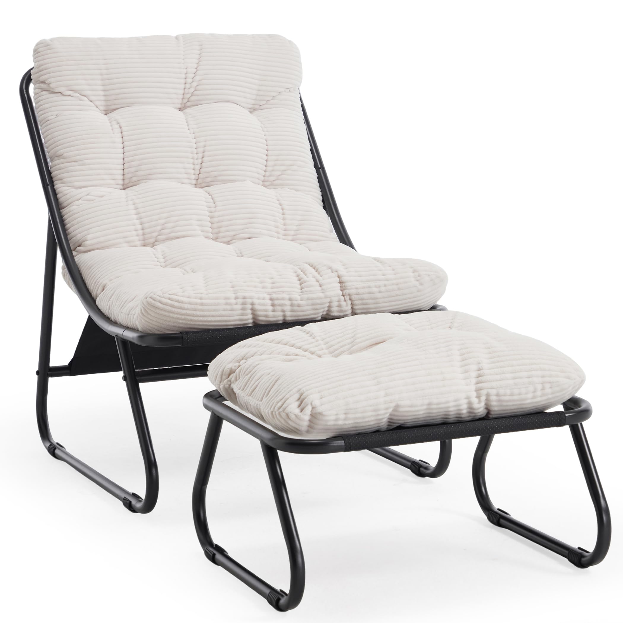 Loungesessel mit Ottoman, Liegestuhl & Relaxsessel aus Stahl, mit separatem Kissen und rutschfesten Fußpolstern – Outdoor Gartenstuhl für Entspannung im Freien, Garten & Balkon (Cremeweiß, Cord)