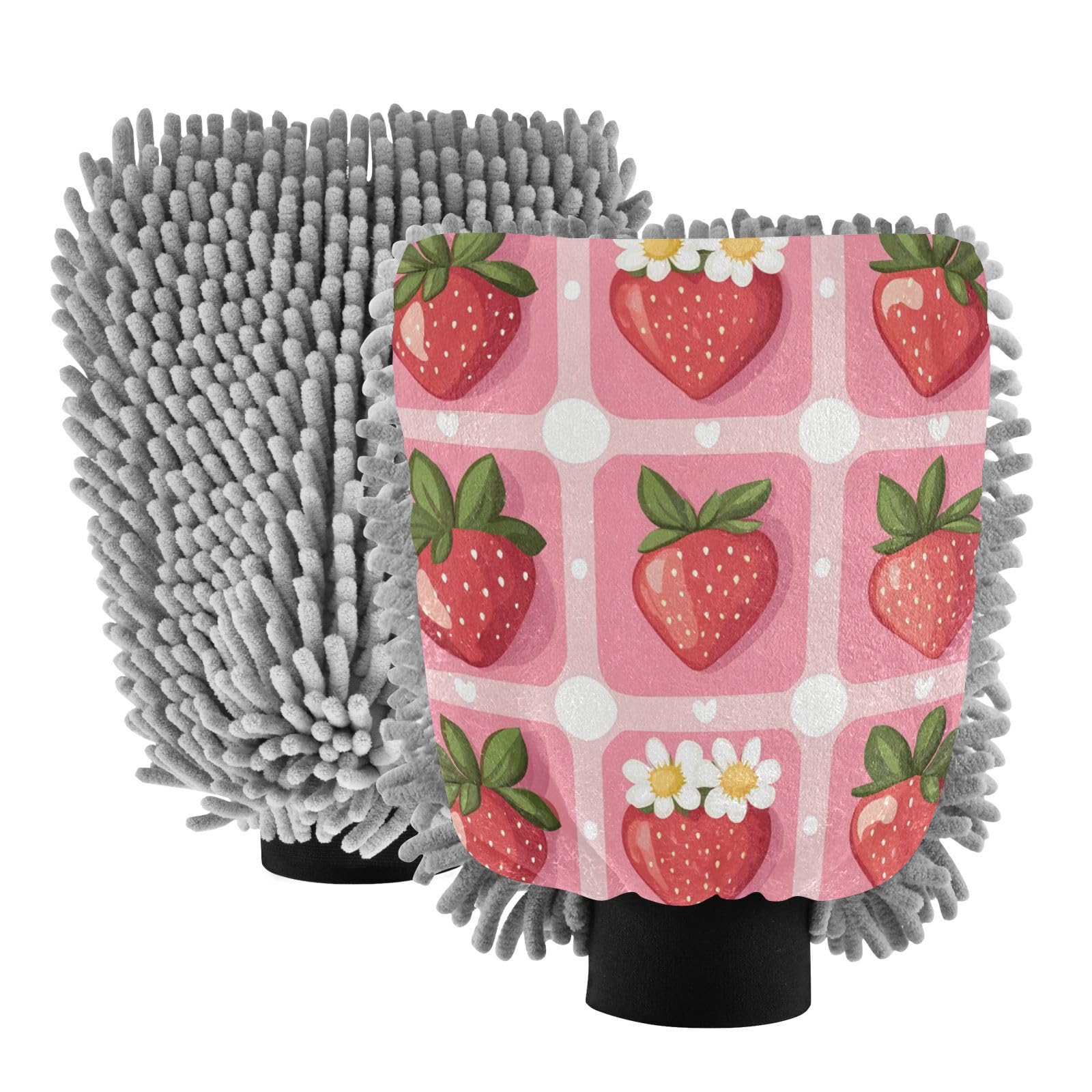 STAYTOP Delicious Strawberries Car Wash Mitt Microfiber, 2Pcs Scratch Free Lint-Free, Premium Chenille Microfiber Mitt Car Wash Brush-L