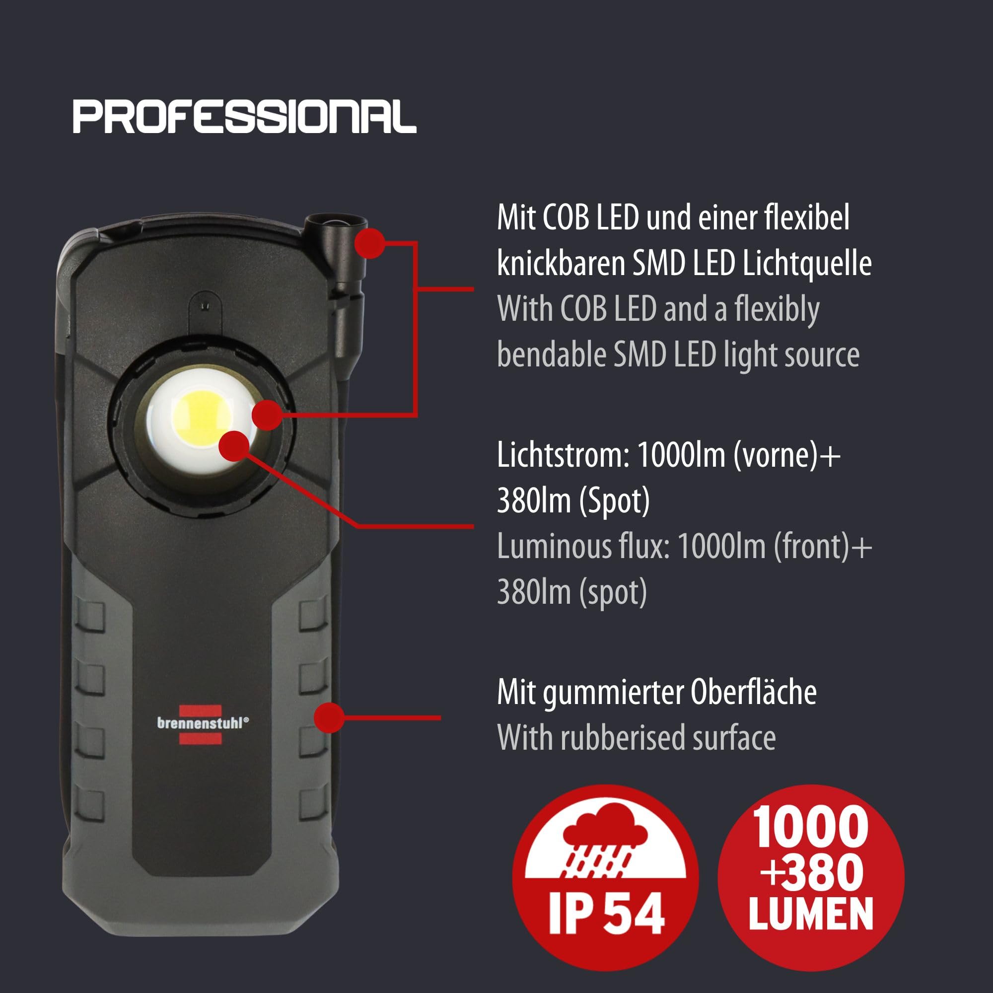 Brennenstuhl Torcia LED professionale a batteria HL 1000 ACW (lampada da lavoro 1000 + 380 lm con durata massima 12 ore, gancio girevole a 360°, magnete, batteria sostituibile, ricarica wireless, cavo