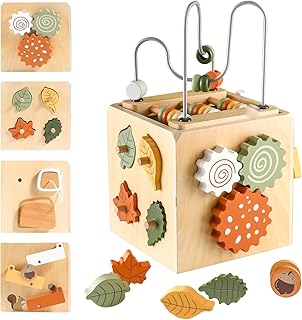 Smartwo Montessori Motor Skills Cube Toy from 1 Year, Wooden Toy Baby from 18 Months, 6-in-1 Activity Cube with Motor Skills Bow, Wooden Motor Skills Toy 1-2 Years, Gift for Toddlers