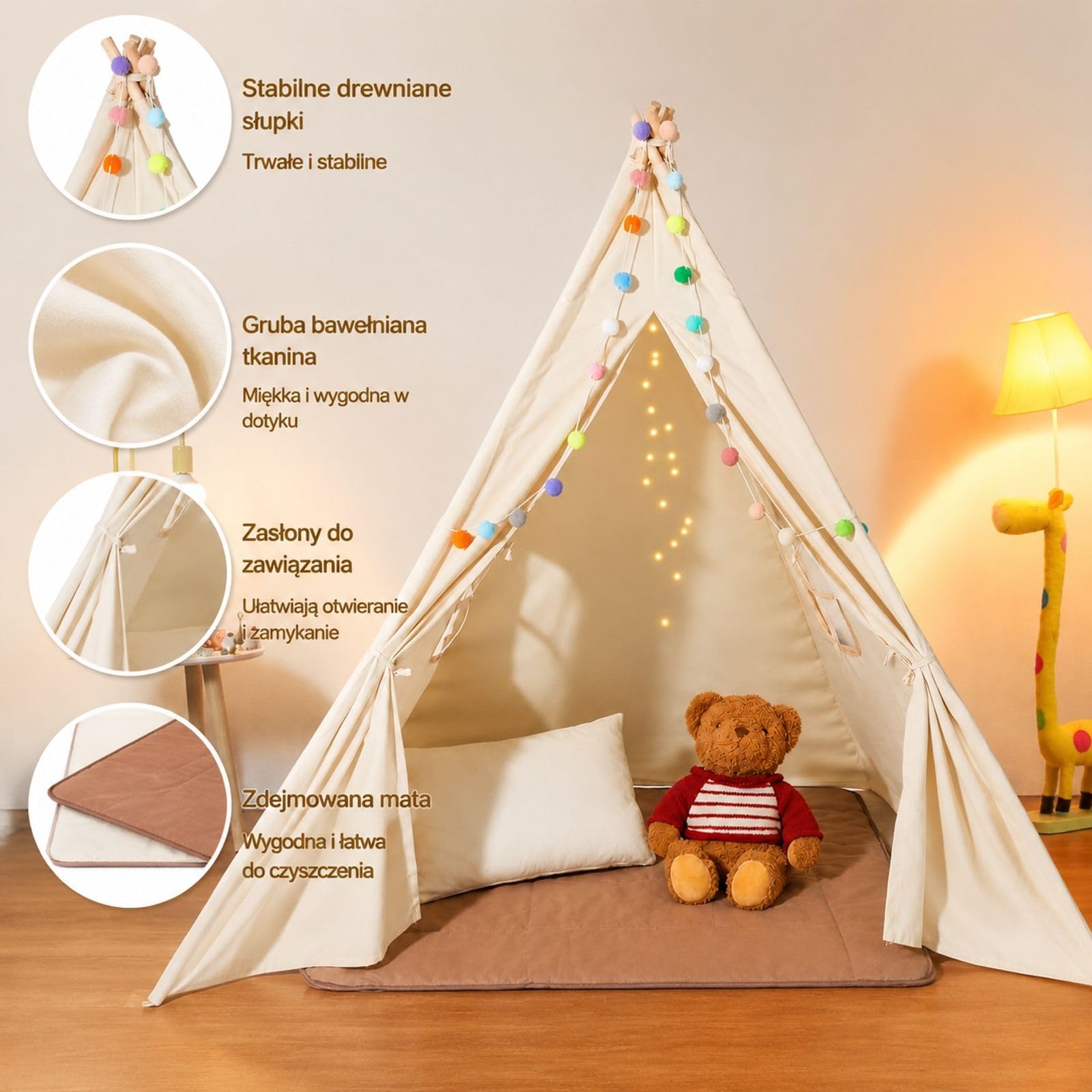 Beżowy namiot tipi do zabawy z matą, pluszowymi piłkami, tkaniną brzoskwiniową, drewnianymi drążkami, stożkowy kształt, 1 drzwi, 2 okna, do wnętrz i na zewnątrz