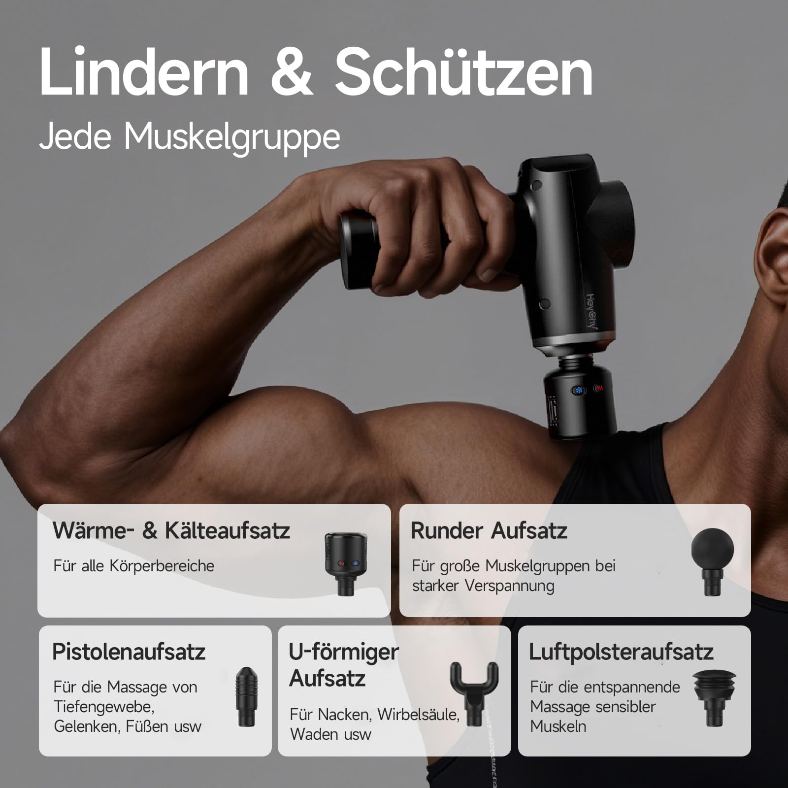 HEYCHY Massagepistole Massagegerät mit Wärme und Kälte, 5 Aufsätze USB C | 12mm, 5 Stufen, 2500RPM 2500mAh, Tragetasche, Männer Frauen Anfänger Fitnessfans, Geschenk, Zuhause Fitnessstudio Outdoor