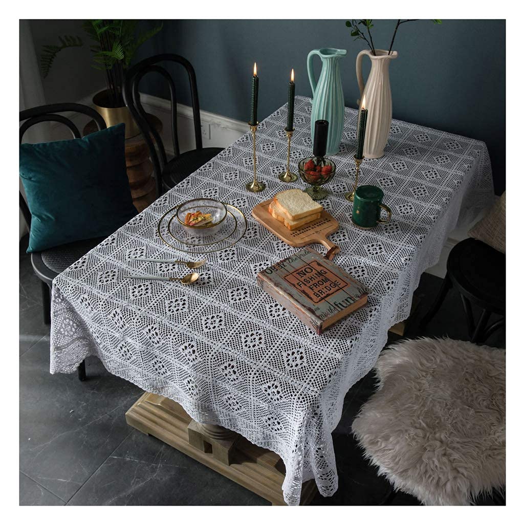 Nappe blanche en coton tricoté creux 140x140 cm style pays américain pour table basse de salon