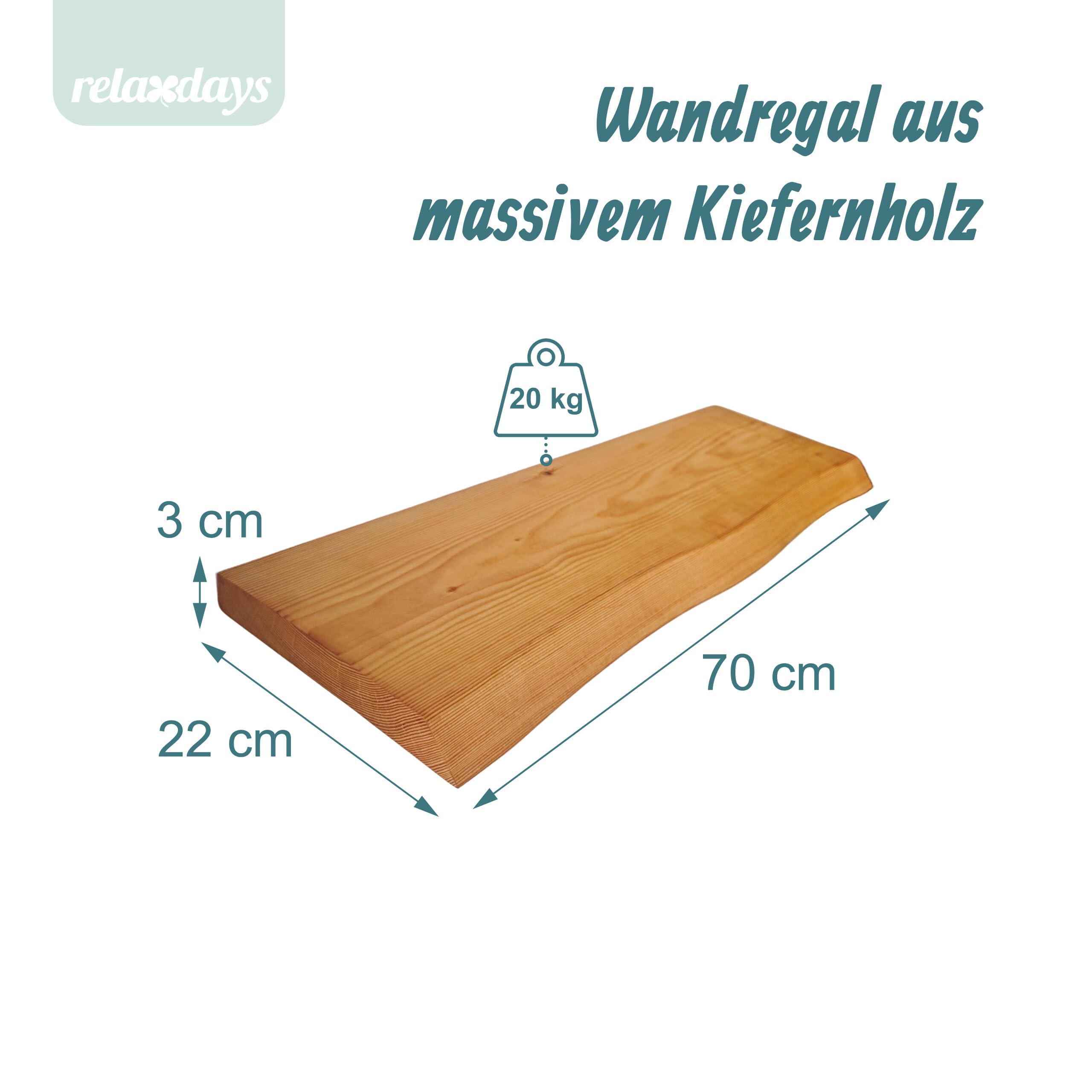 Relaxdays Wandregal, Baumkante, versch. Größen, rustikales Schweberegal, Wandbrett Massivholz, Kiefer, Farbwahl
