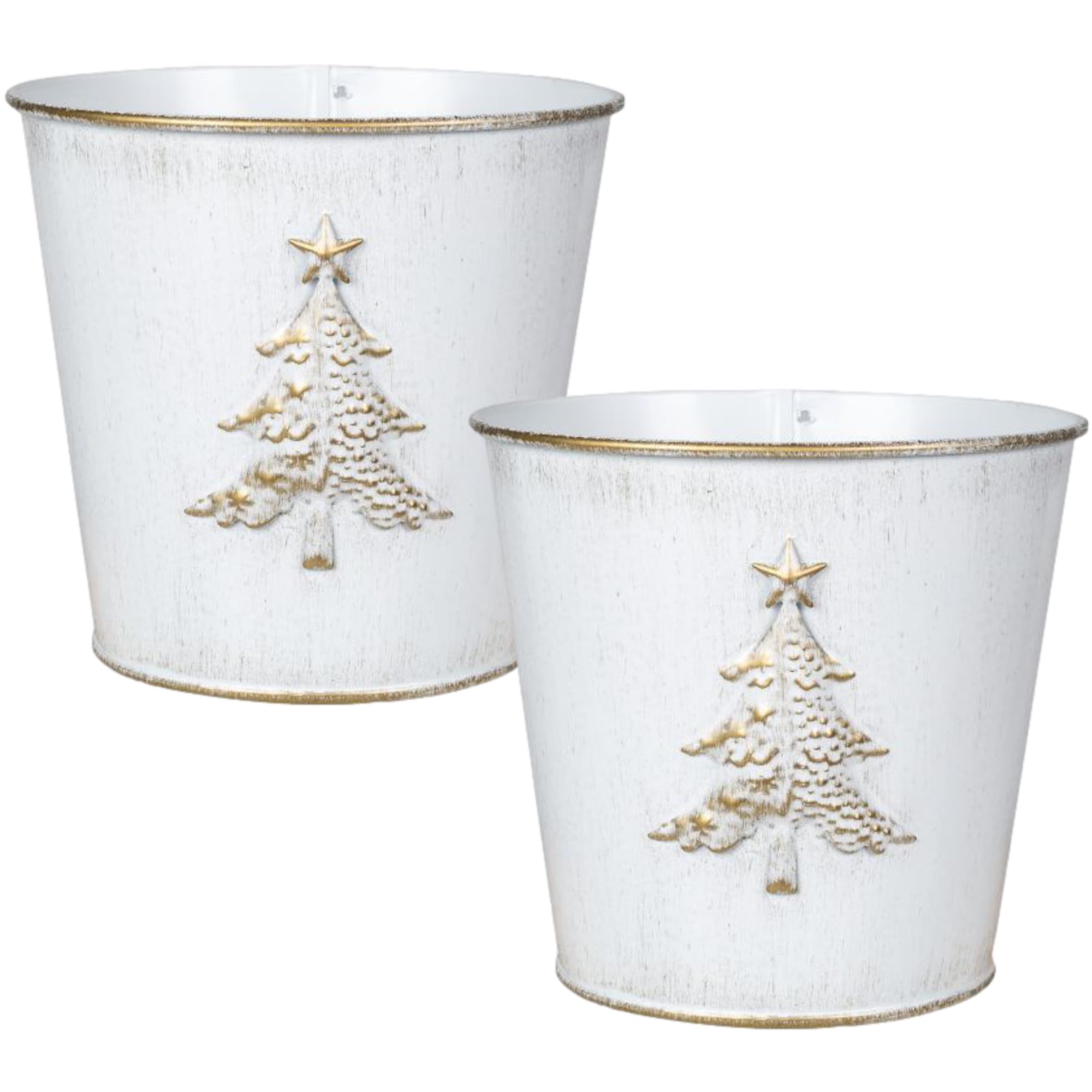 Fyne-Finds White Metal Christmas Tree Embossed Plant Pot 18Cm, 7Inch Tin Pail Planter 2.1L Gold Decor Xmas Gift (2)