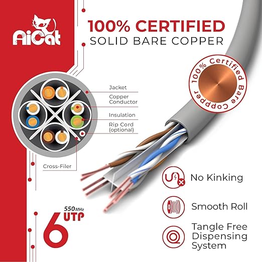 AiCat Cable Ethernet Cat6 1000ft Azul CMR Cobre Sólido 550MHz miniatura 4
