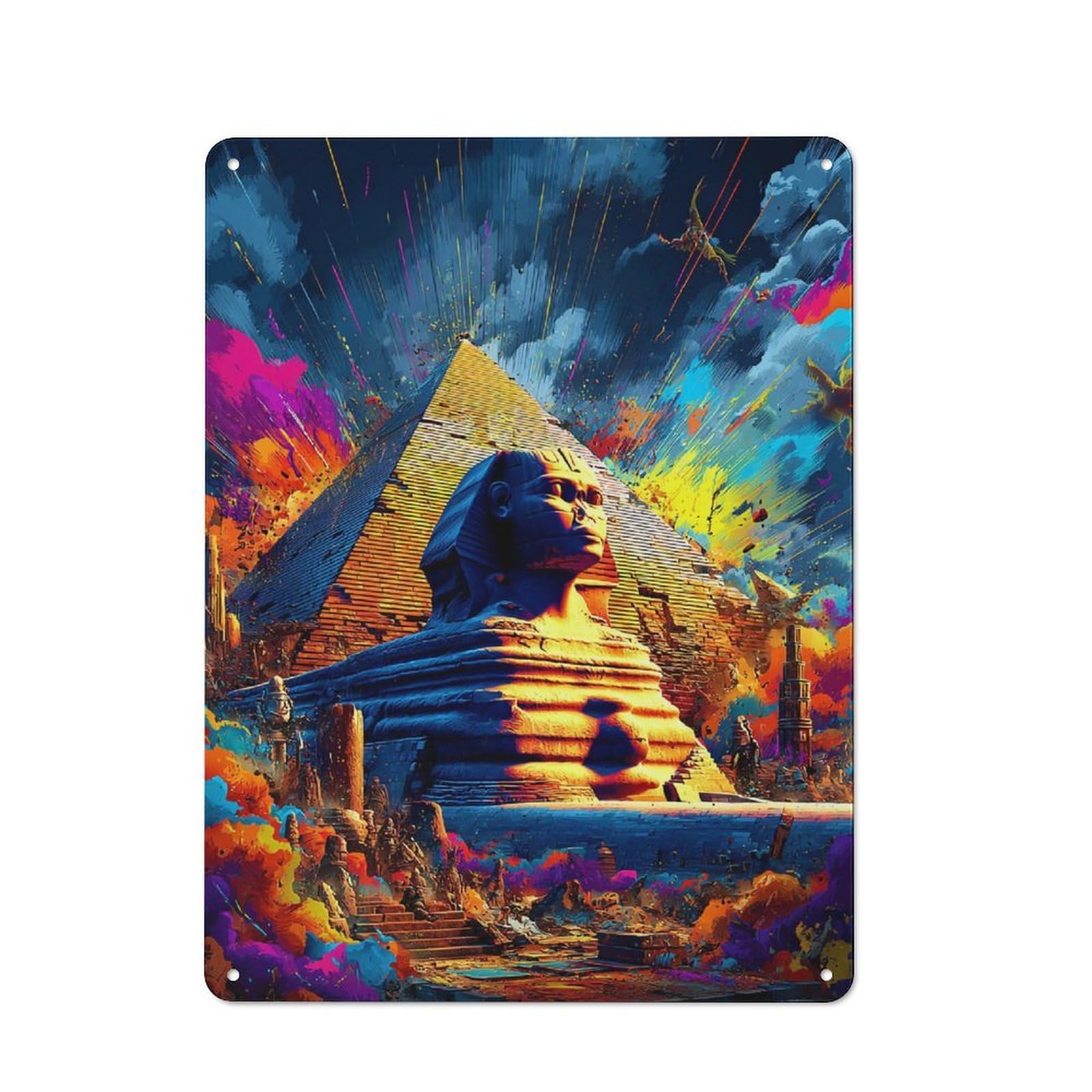 Junmoney Colorful Egyptian Pyramid Scene 40X30cm Rustic Tin Sign With For Living Room Or Hallway, For Vintage Wall Decor Fans, For Themed Room Decoration