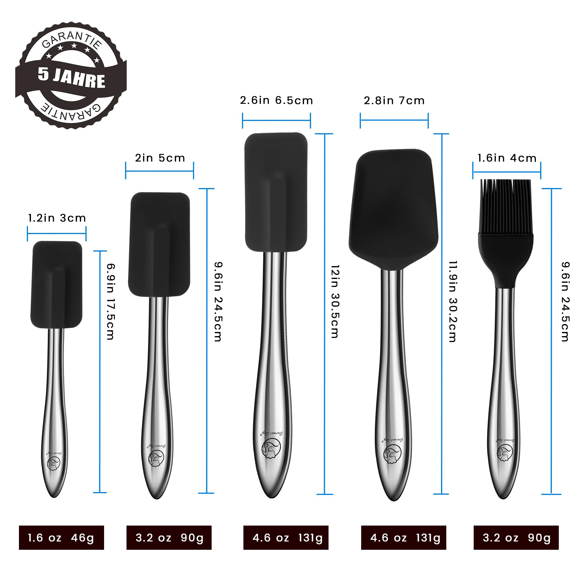 5pcs Silicone Spatula Cooking Utensils Set with Stainless Steel Handles, Premium Heat-Resistant Kitchen Utensils for Baking, Spoonula & Silicone Brush Included, Safe for Nonstick Cookware (Black)