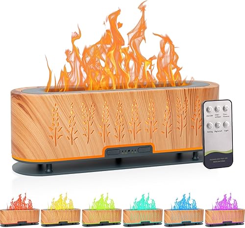 Difusores de aceite esencial, difusor de aire de llama, difusor de aromaterapia de 6.8 fl oz con 2 modos de niebla, 4 temporizadores de encendido y