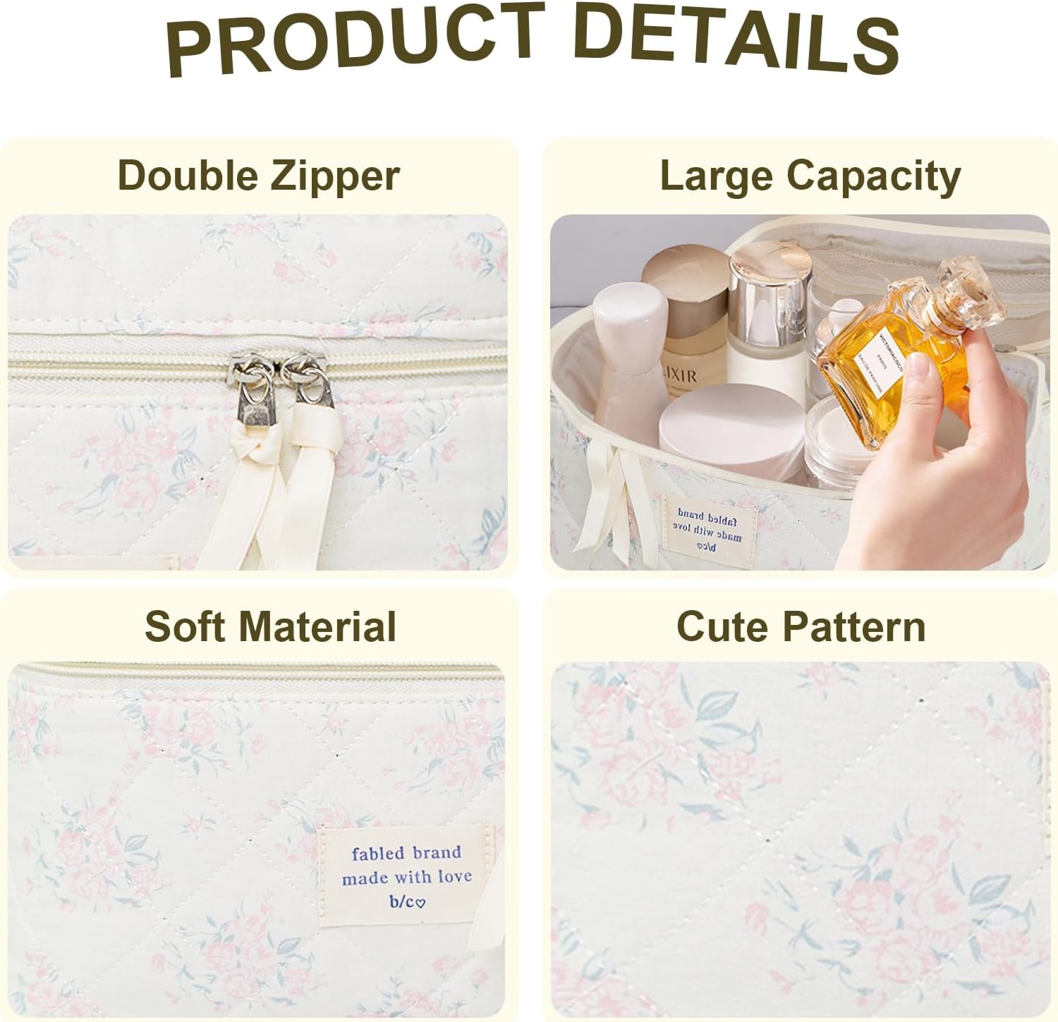 Makeup Bag, Floral Quilted Cosmetic Bag, Large Travel Aesthetic Make up Bag, Cute Coquette Toiletry Bag for Women Girls - Image 2