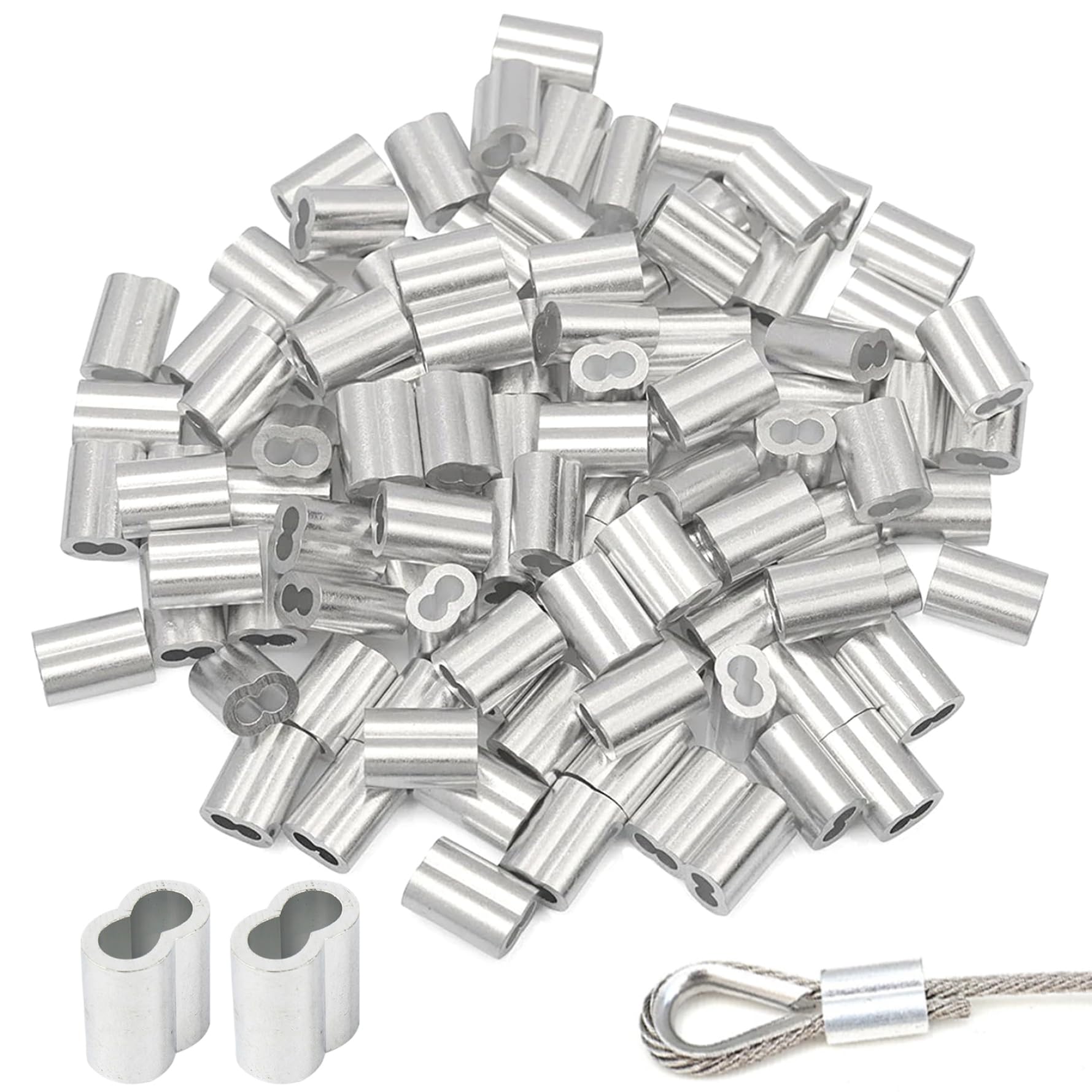 100 Pezzi di Manicotti a crimpare in Alluminio, ghiere a crimpare a Doppio Bari per Cavi, crimpature pratiche Resistenti alla corrosione per Cavi Metallici da 0,3 cm