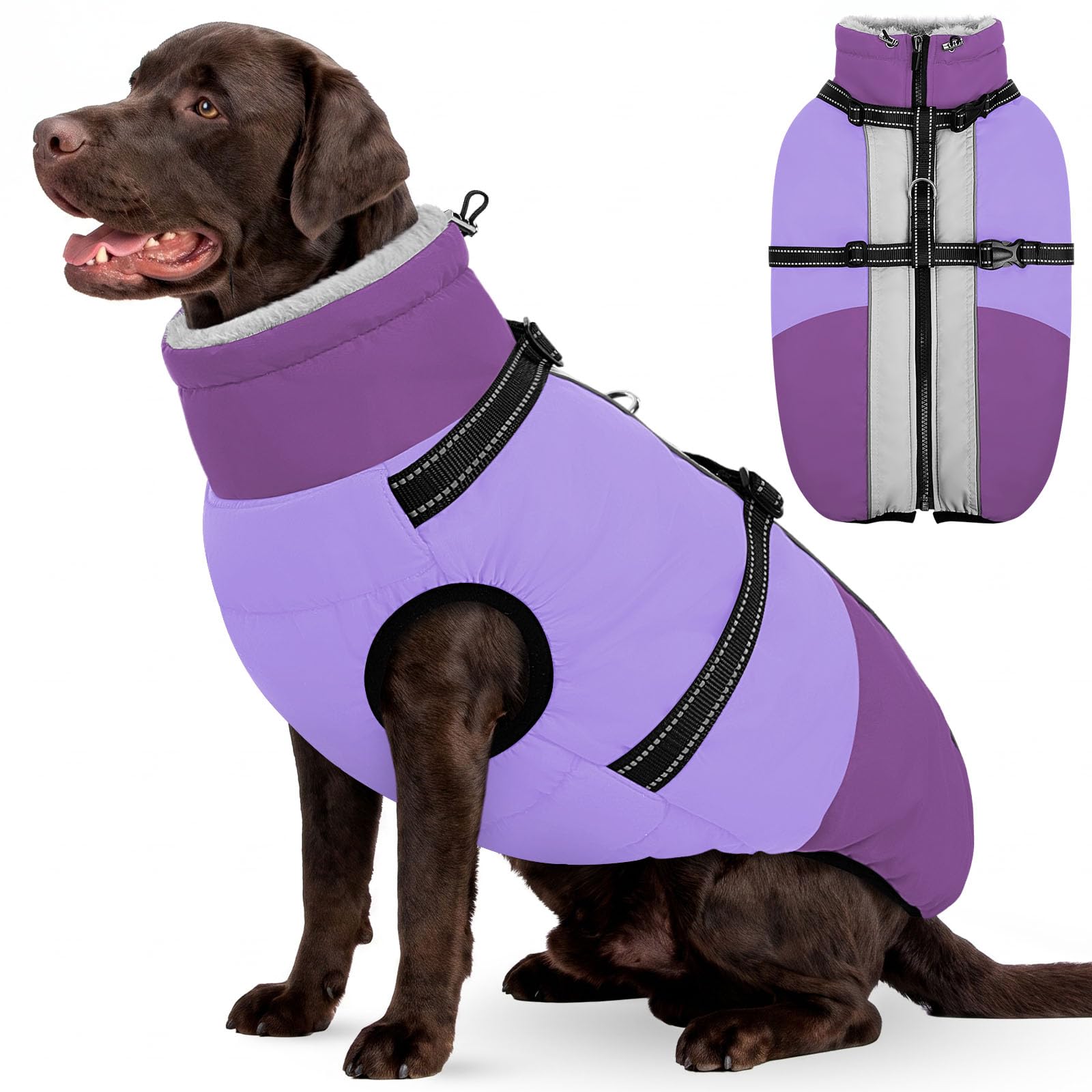 AOFITEE Dog Coat Warm Winter Dog Jacket for Large Dog with Harness Built in