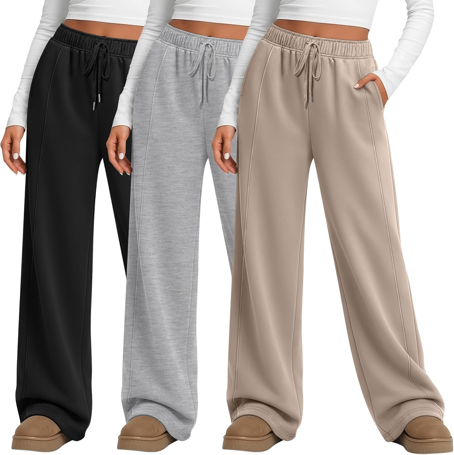 Huukeay 3 Pack Women's Wide Leg Sweatpants High Waisted Baggy Pants Casual Lounge Drawstring Athletic Joggers with Pockets