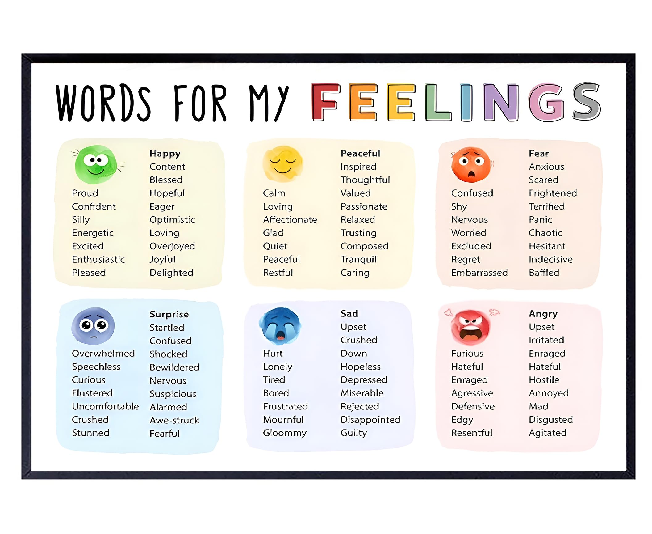 uoyien Feelings Vocabulary Poster, Words For My Fellings Chart, Emotional Self Regulation Education, Social Emotional Learning, SEL, Calming Corner Classroom children's room decoration 16X24 inch