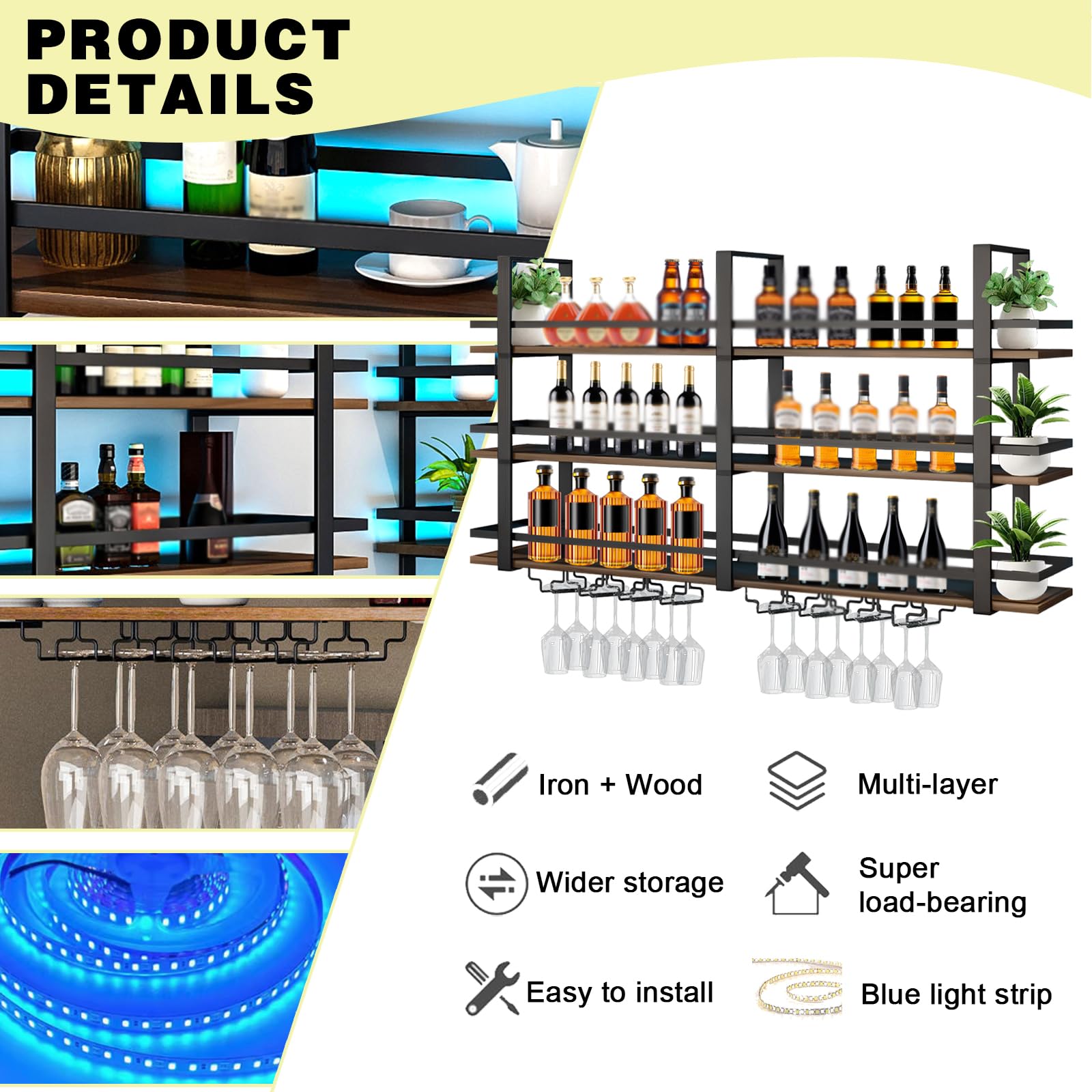 Portabottiglie da Parete con luci a LED, Ripiani Espositivi Galleggianti in Metallo a 3 Livelli per Liquori, con Portabicchieri, Portabottiglie da Parete Industriale, per Bar, Cucina (Black, 140cm)