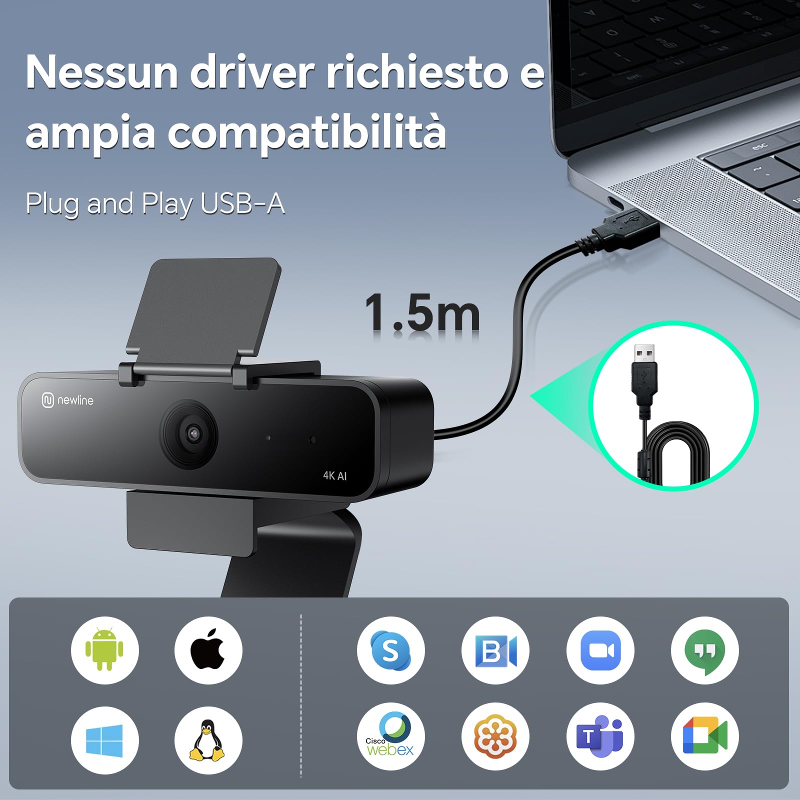 Webcam PC 4k con 2 Microfoni con Sensore Sony, 3 Modalità AI e 2 Controlli Gestuali, 95° Grandangolo, Telecamera USB 4k per PC Mac Laptop per Videoconferenze, Live Streaming