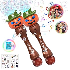 Halloween Pumpkin Bubble Wand for Kids - 2 Pack Automatic Bubble Machine Blower Toys for Toddlers 3-8 with LED Lights, Music Function, DIY Stickers,10 Refill Solutions, Halloween Party Favors Gifts