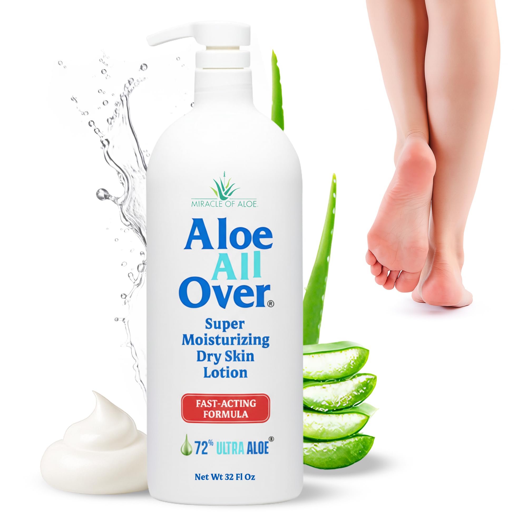 Miracle of Aloe Aloe All Over Super Moisturizing Dry Skin Lotion 32 oz - Made with 72% UltraAloe Aloe Vera Gel. Safe for Everyone: Men, Women, Kids. Restores Dry Skin Fast