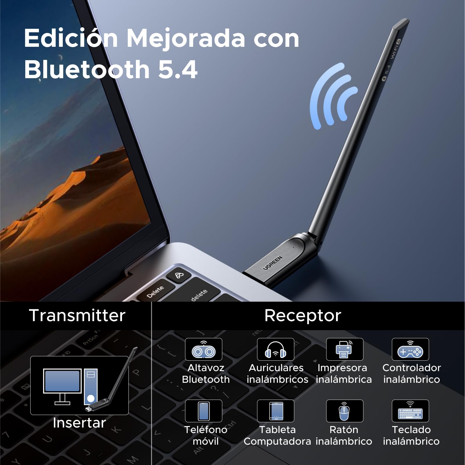 UGREEN 2 en 1 WLAN Stick AX900 Bluetooth 5.4 WiFi 6 USB WLAN Stick Dual Band 2.4G 5GHz Ccontrolador Incorporado Antena 6dBi MU-MIMO WPA2 Adaptador WiFi PC Compatible con Windows 11 10