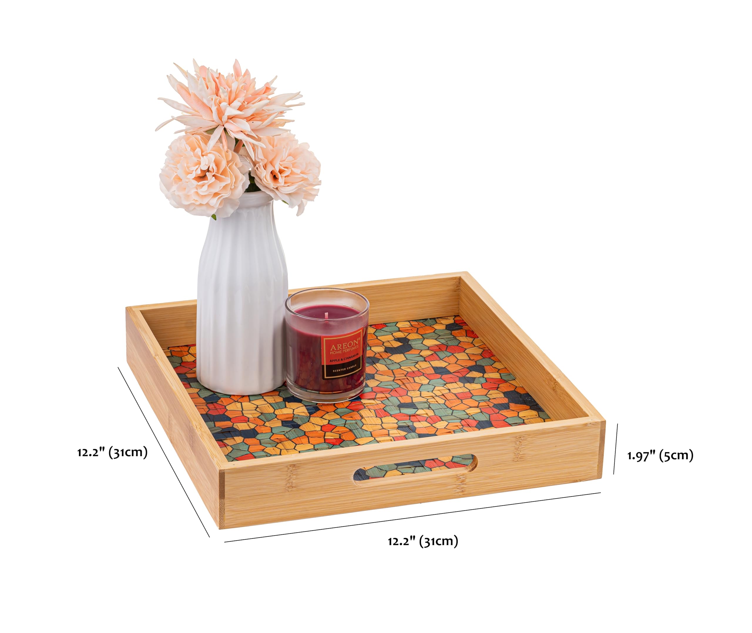 PEMAR Bandeja cuadrada de bambú de 12.2 pulgadas con asa para alimentos y bebidas, bandejas rectangulares de madera decorativas para mesa de café, comer en la cama (mosaico)