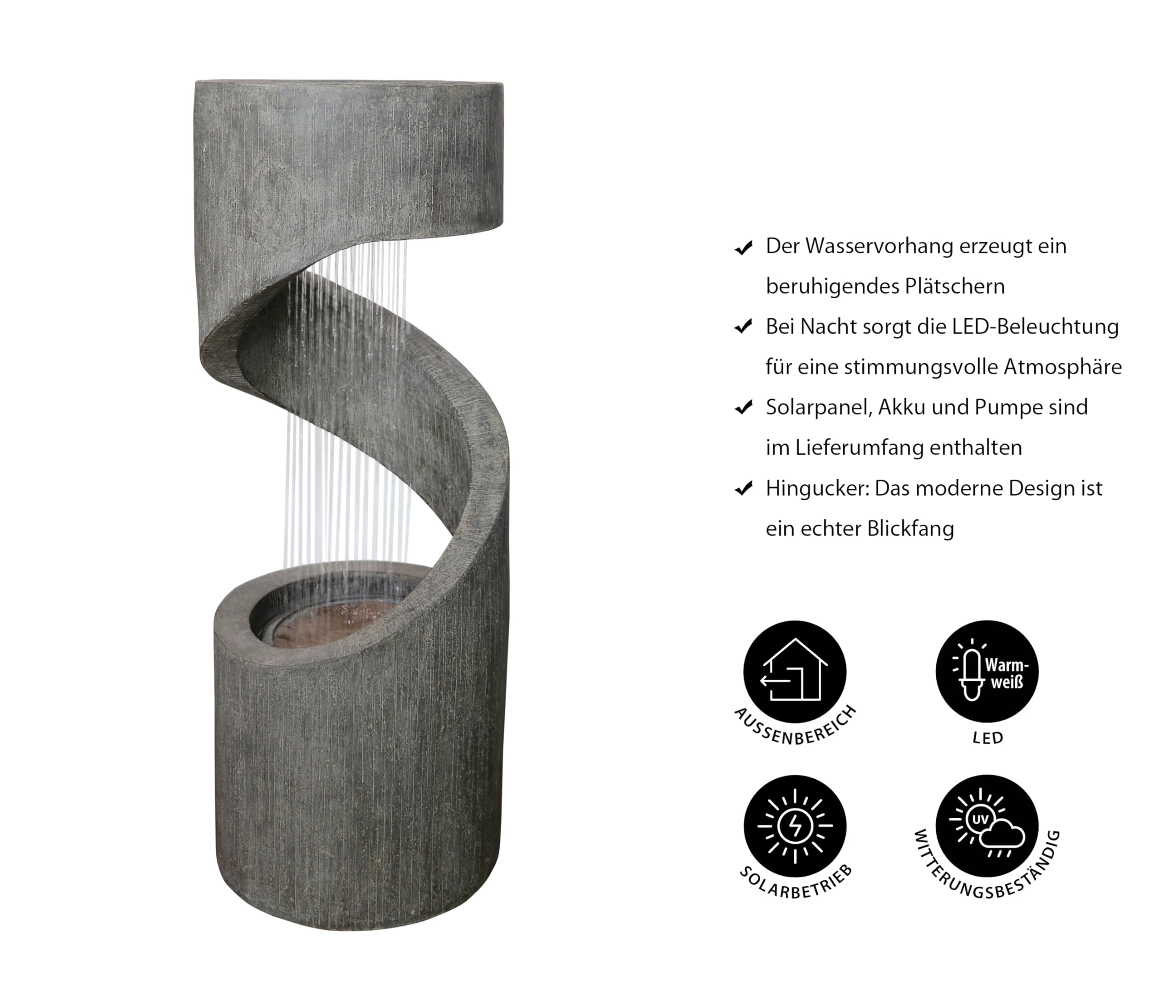 Dehner Gartenbrunnen Ronda, Solarbrunnen frostbeständig, Brunnen für Außen, mit LED Beleuchtung, ca. 79.5 x 31.5 x 31.5 cm, Polyresin, grau