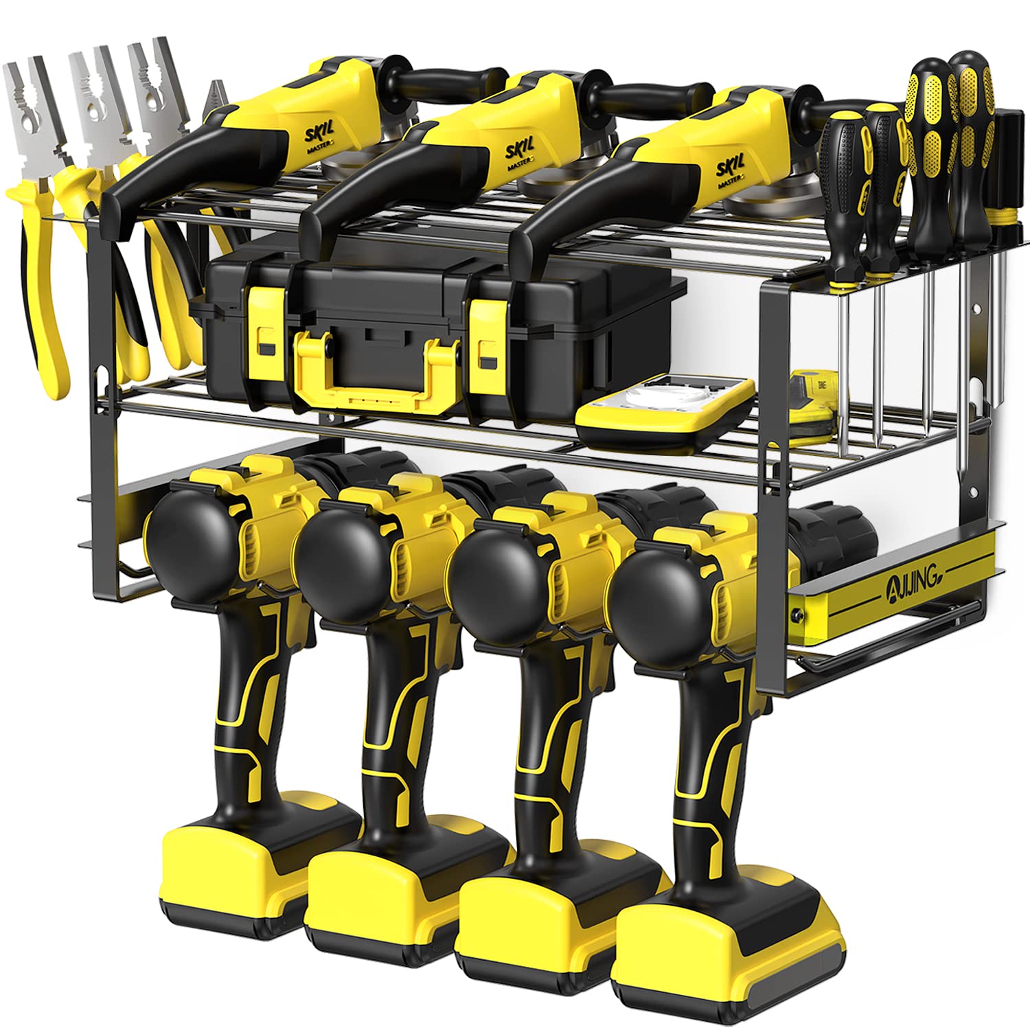 Photo 1 of AJIJING Power Tool Organizer Wall Mount, Drill Holder with Magnetic Tool Holder, Garage Tool Storage Rack, 3 Layers Heavy Duty Metal Tool Shelf, Utility Storage Rack for Cordless Tool| Black