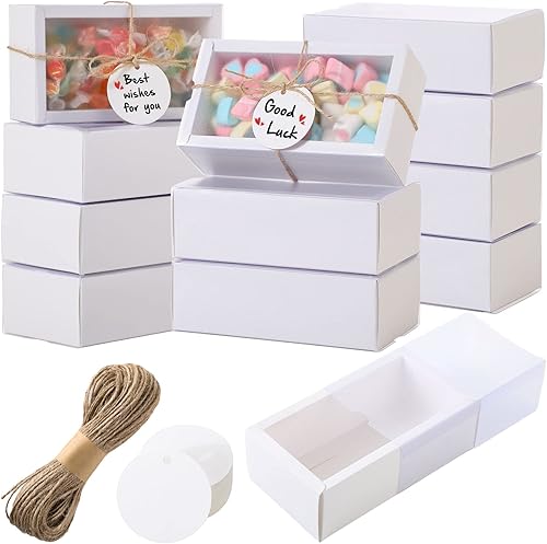 Roowest 50 juegos de cajas de regalo de estraza rectangulares de papel kraft con ventana, caja de jabón casera con etiquetas en blanco y cuerda de