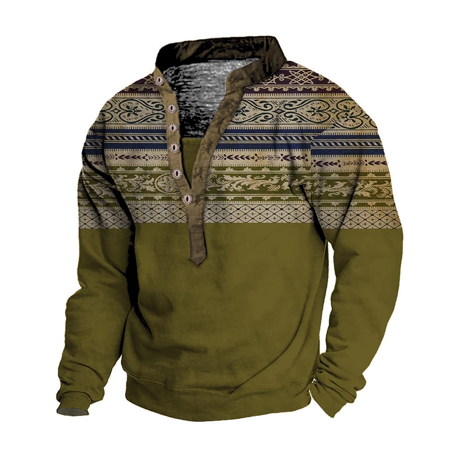 Mens Fashion Casual Sweatshirt Stand Collar Long Sleeve Vintage V Neck Pullover Tops Large Size 6 Button Tshirt