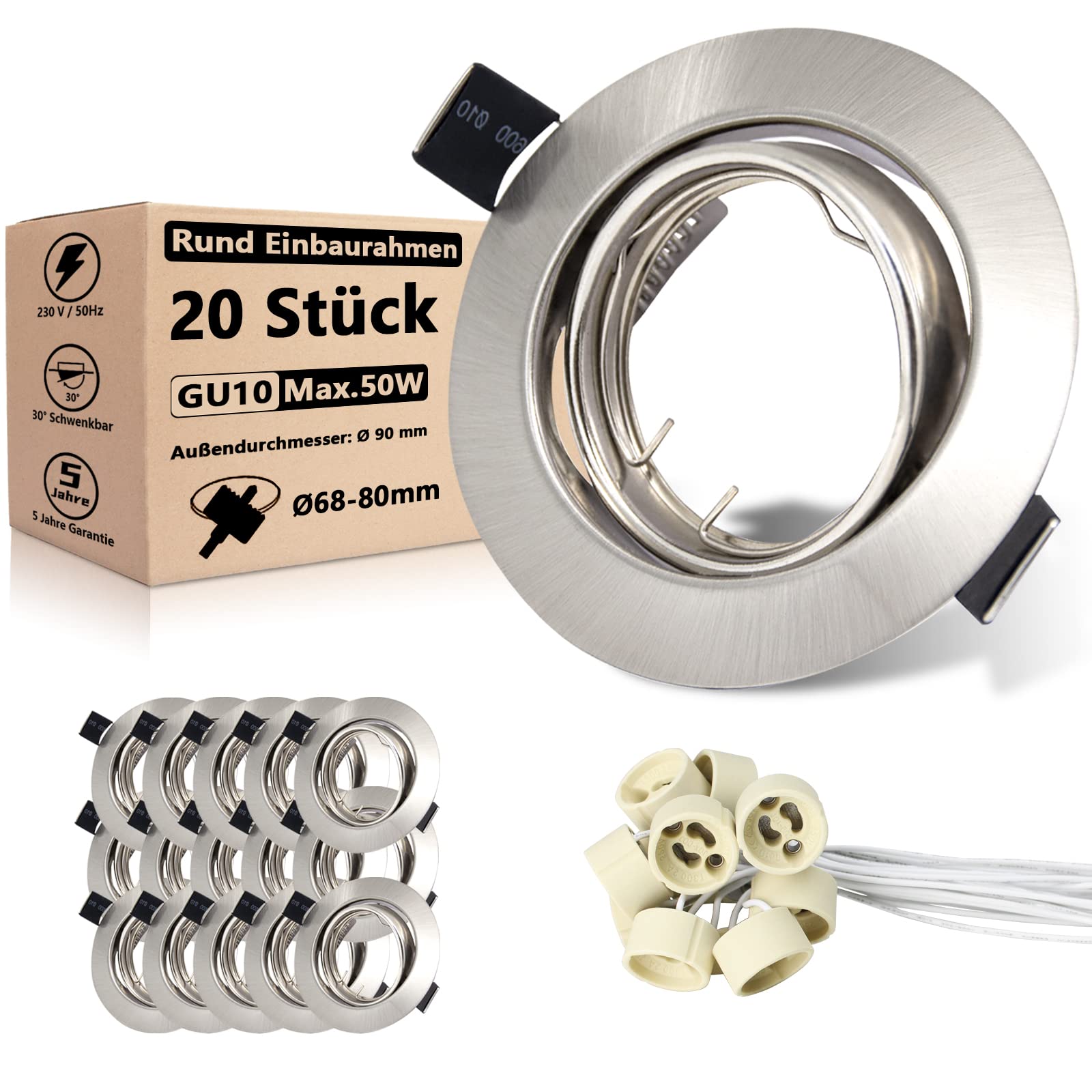 Marco Foco Empotrable GU10,20 pack marco de montaje en acero inoxidable cepillado 230V, luminaria empotrada con diámetro de agujero de 68 mm, incluye casquillo GU10 orientable, diseño redondo