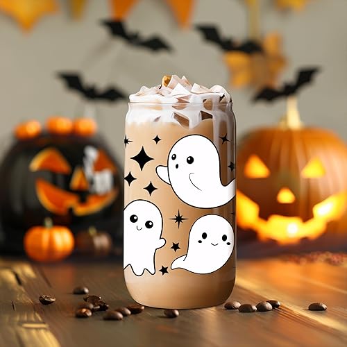 Miniatura 6 de Coolife Taza fantasma de Halloween, vaso de vidrio de 16 onzas con tapas y pajitas, taza de café helado espeluznante para batidos, bonitos regalos