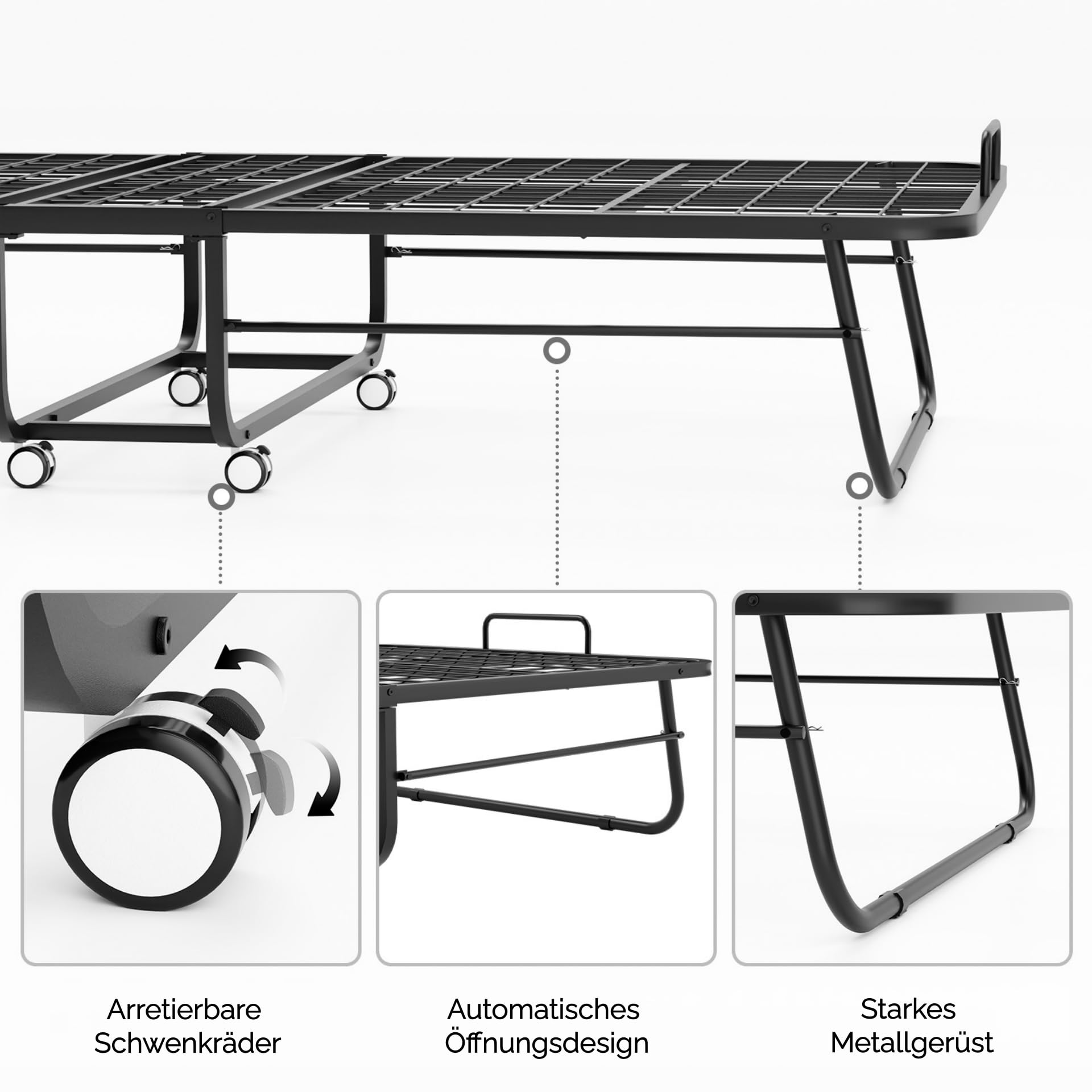Klappbett 80x190 cm Erwachsene mit ca.13 cm Matratze aus Gedächtnisschaum Gästebett Klappbar Metallrahmen Klappbetten mit Rollen Reisebett Faltbares Metallbett Stabil bis 210 kg belastbar