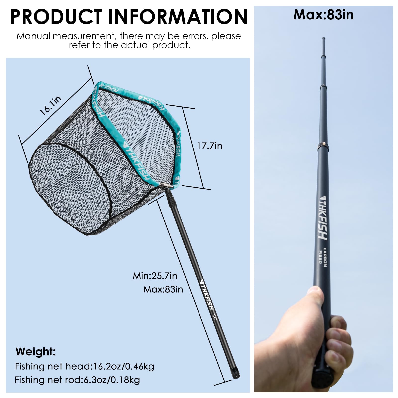 THKFISH Épuisette de pêche, épuisette de pêche en fibre de carbone avec long manche, épuisette télescopique de 210 à 400 cm, cadre en aluminium, épuisette de pêche caoutchoutée, épuisette de pêche