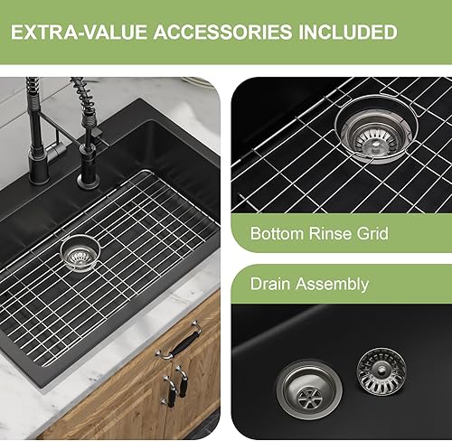Miniatura 7 de Donsdey - Fregadero de cocina compuesto de granito 31 x 20 pulgadas, fregadero de cocina de granito montado en la parte superior, compuesto clásico