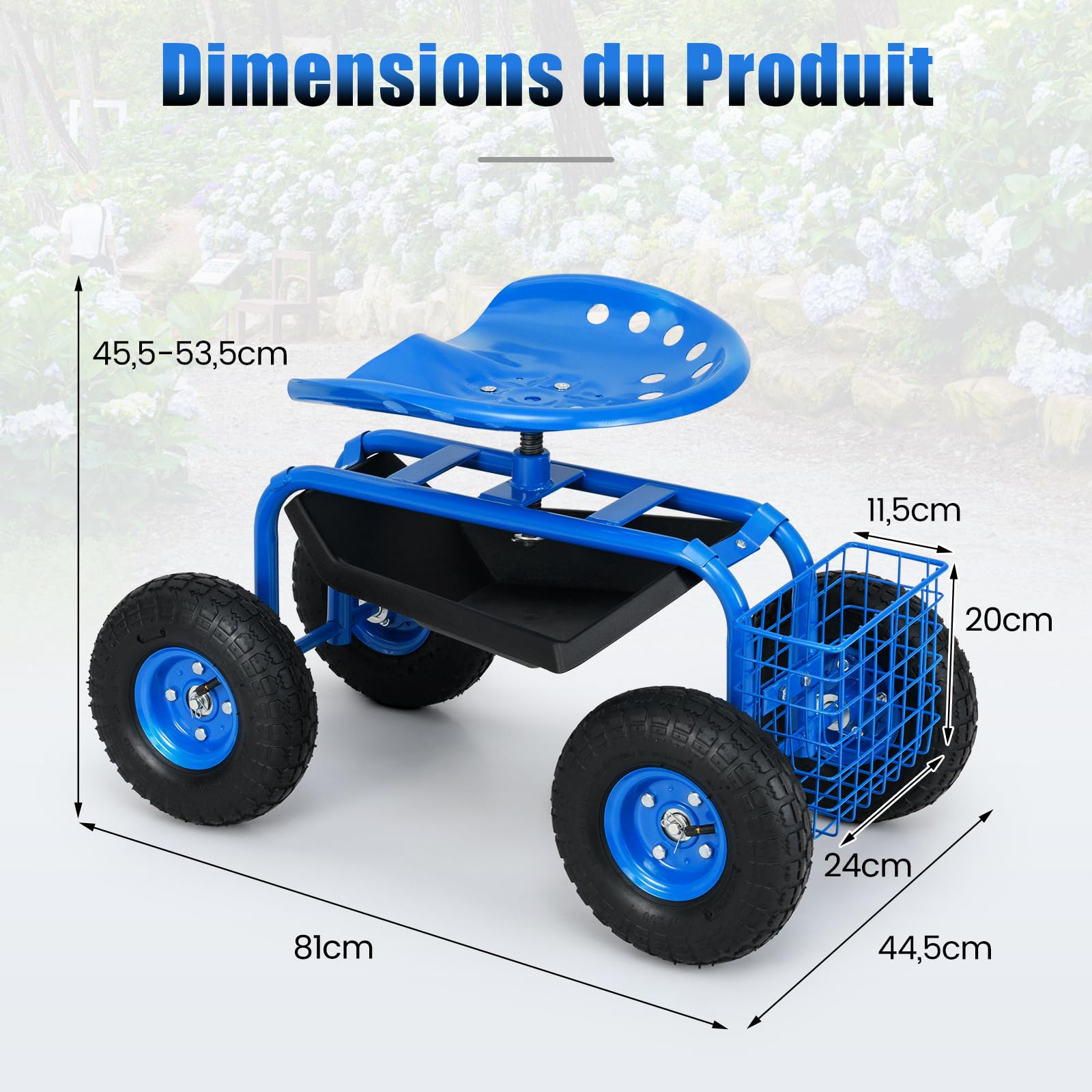RELAX4LIFE Chariot de Jardinage Roulant, Siège Roulant avec Hauteur Réglable et Pivotant à 360°, Plateau à Outils, Panier de Rangement, Siège de Jardin avec Roues, pour Pelouse Jardin (Bleu)