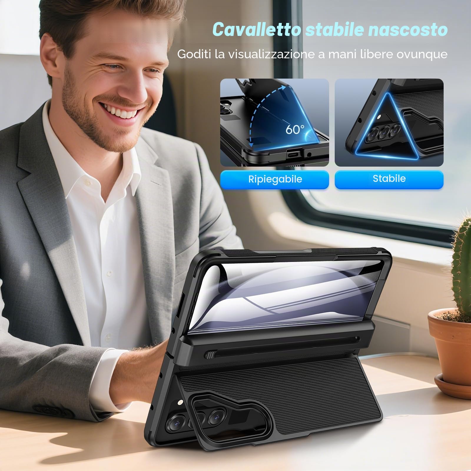 Doeshine Cover Per Samsung Galaxy Z Fold 5 con Supporto, Slot S-Pen Integrato (No S-Pen), [Protezione Cerniera & Pellicola Schermo], Custodia Rigida Robusta per Z Fold 5 Cover Pieghevole (Nero)