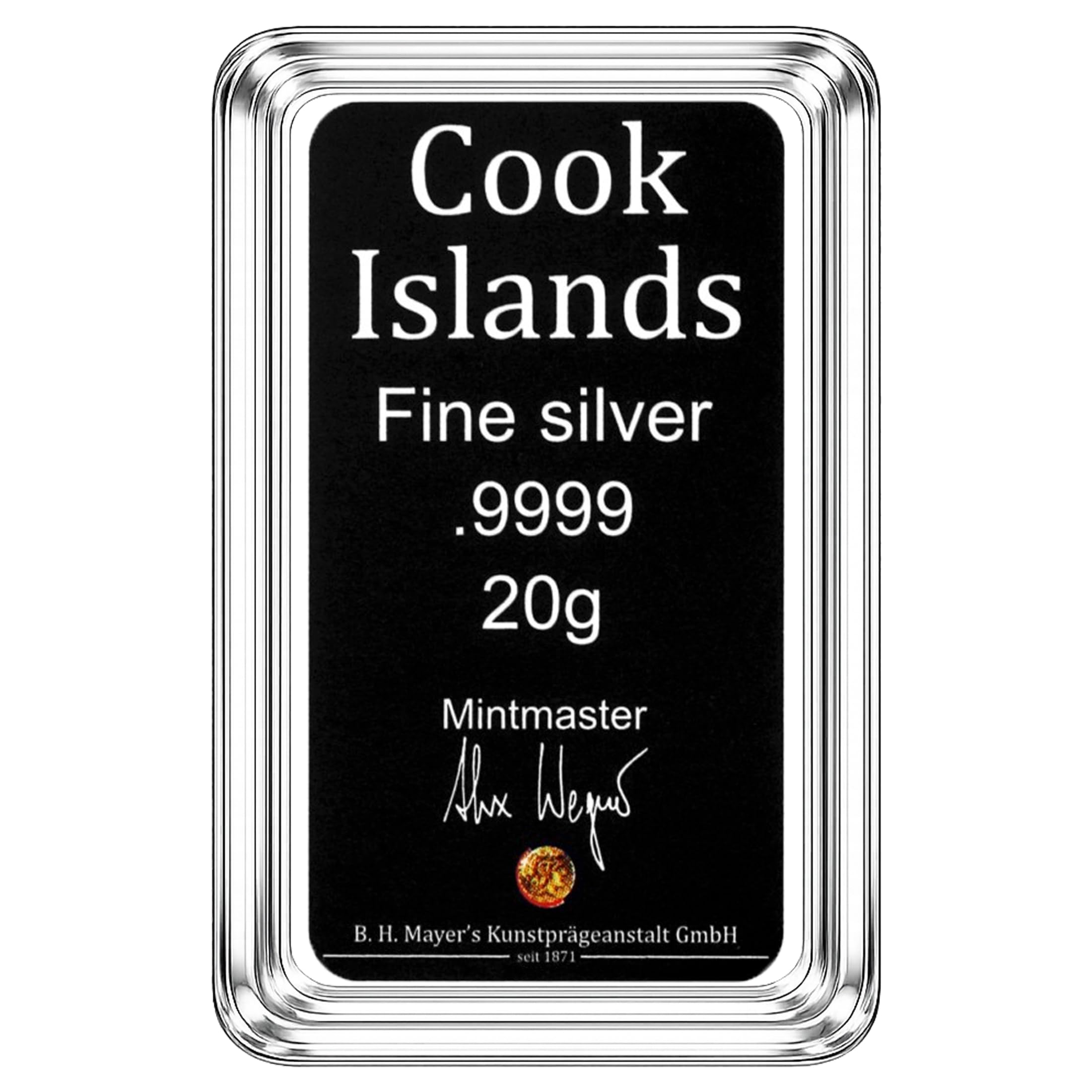 Cook Islands Silberbarren 20g – 999,9 Feinsilber Münzbarren – in transparenter Münzkapsel – inkl. Geschenkbeutel, Grußkarte & silbermetallic Umschlag
