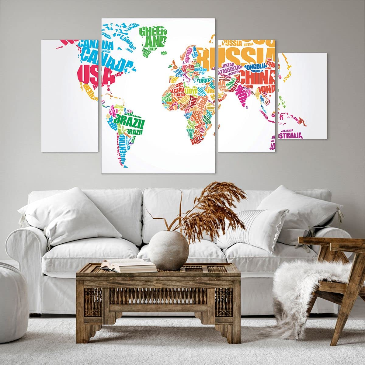 ARTTOR Obraz na płótnie w ramie Mapa Słowa Świat geografia Nowoczesny 160x90cm Dekoracja ścienna Salon Sypialnia Kuchnia 4 elementy Obrazy Art Foto Duży XXL Sztuka na ścianę Canvas DL160x90-2860