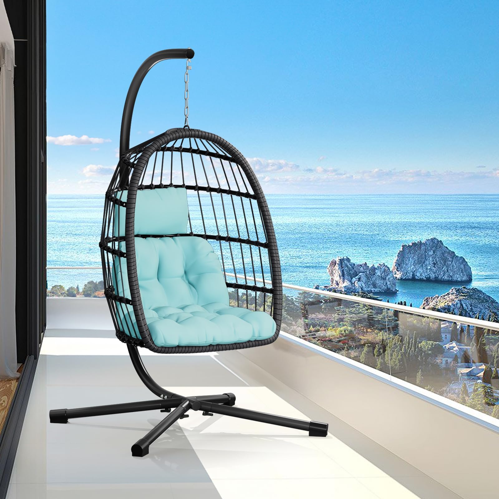 CHABATREE Egg Chair with Stand,Patio Rattan Wicker Hanging Swing Egg Chair Hammock Chair for Bedroom Porch Garden,Thickened Aluminum Alloy Steel Frame and UV Resistant Cushion,350LBS Capacity
