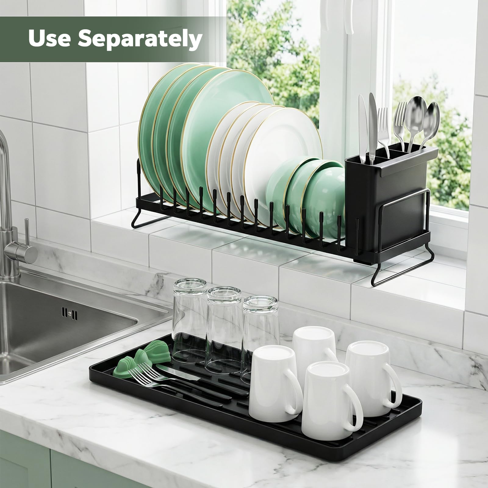 Zocipro Scolapiatti da Appoggio Compatto in Acciaio Inox con Tappetino in Silicone e Portaposate – Salvaspazio per Cucine Piccole, Monolocali, Case e Camper - Nero