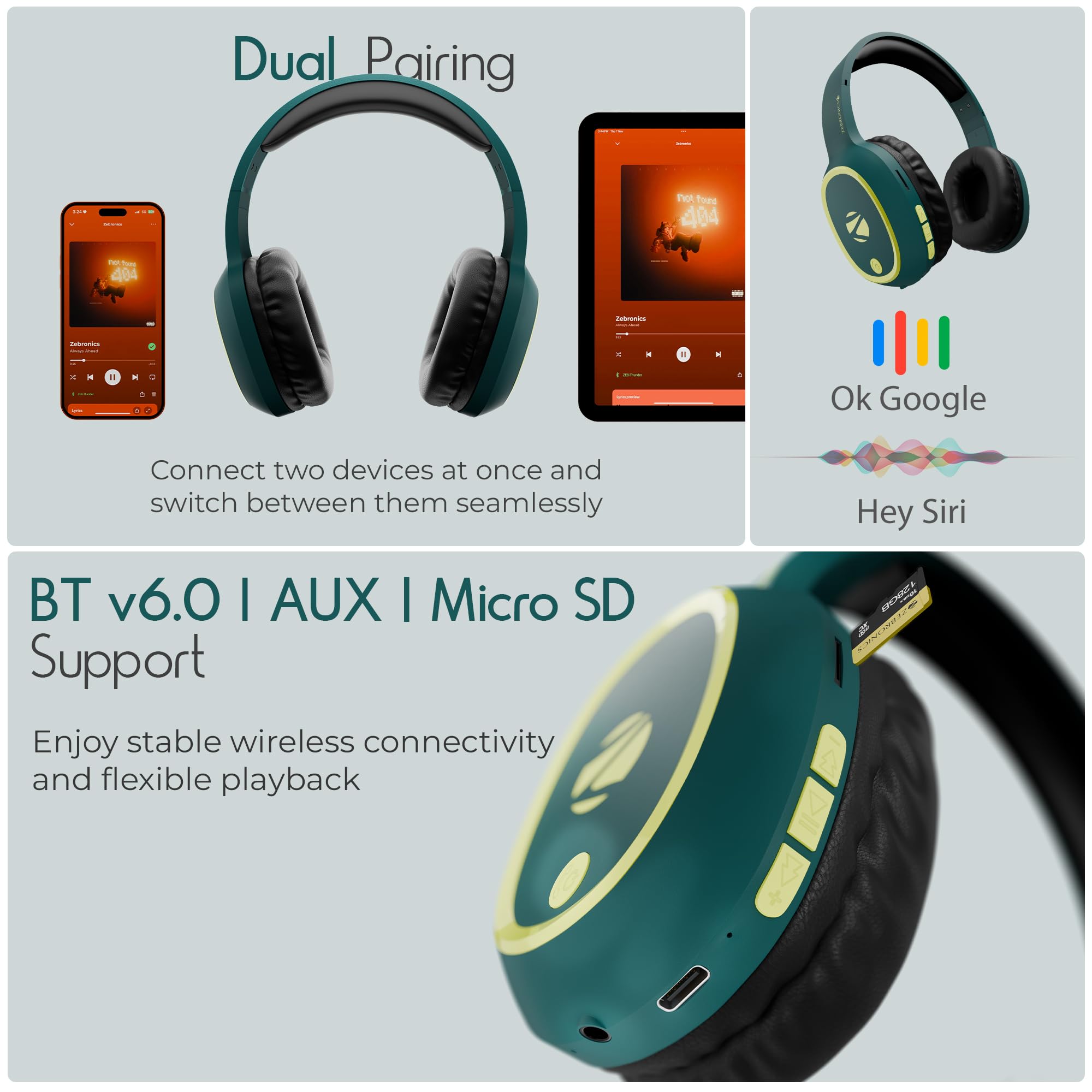 Zebronics Thunder (2026 Upgrade) Wireless Headphones, BT v6.0, True 60 hrs Playback, 40mm Drivers, ENC, Gaming Mode, Dual Pairing, AUX & microSD, Rapid Charging, Call Function (Teal Green) — Amazon image 8