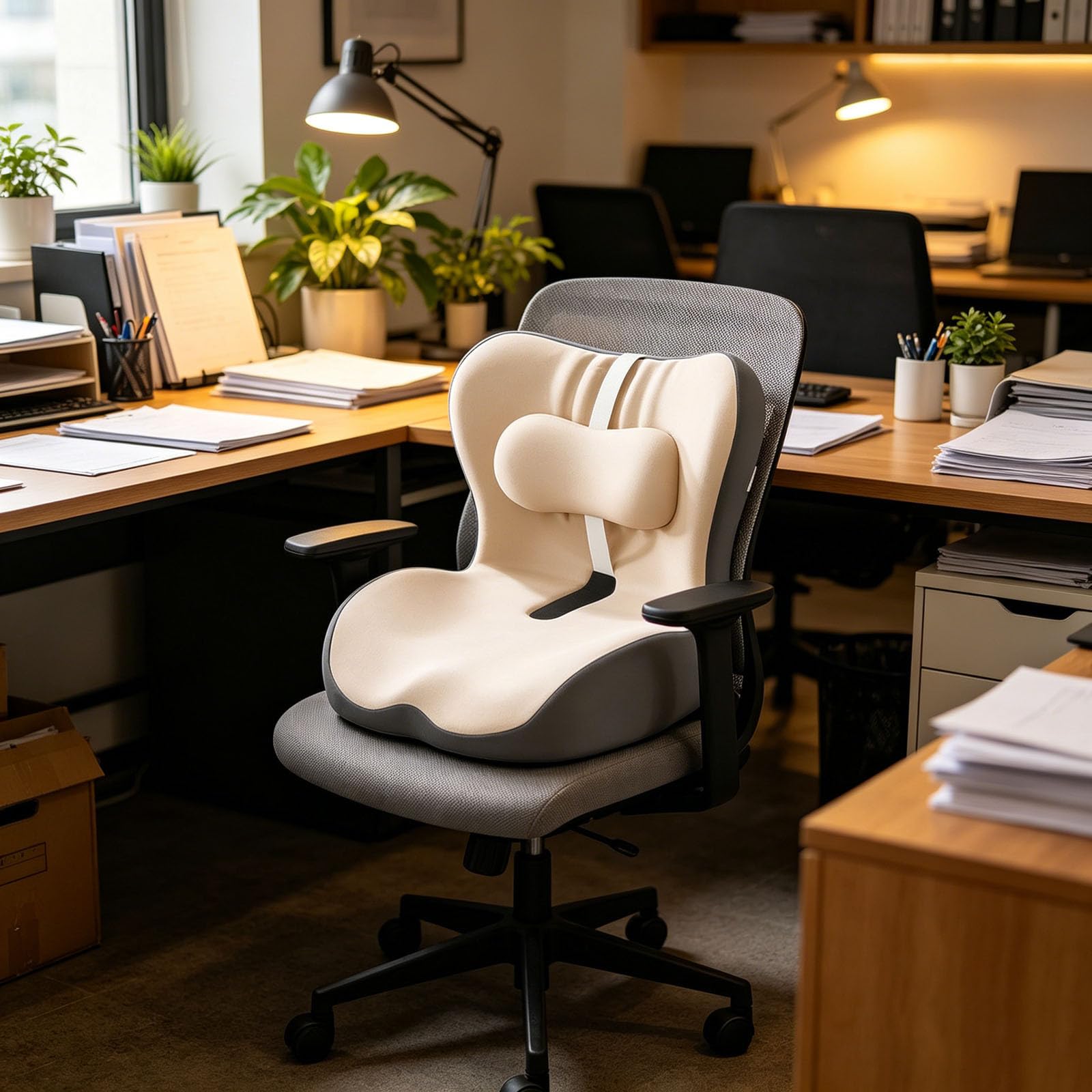 Generisch Cojín de espuma viscoelástica en forma de L integrado con soporte lumbar, cojín ortopédico para silla de oficina, respaldo ergonómico y cojín para el hogar, coche, silla de ruedas y sillas
