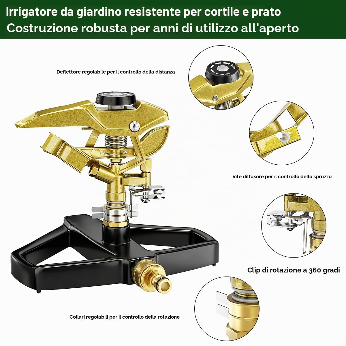 FANHAO Irrigatore da Giardino con base in Metallo, Testina Irrigatore a Impulsi Regolabile a 360° Interamente, Copertura di Ampia Area Fino a 540 m², Ideale per Giardino, Cortile e Aiuole