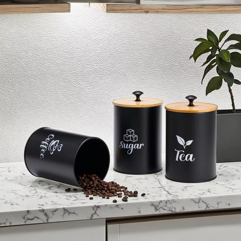 3 Pack Kitchen Canisters with Bamboo Lids, Metal Canister Set for the Kitchen Counter, Airtight Coffee Container Tea Organizer & Sugar Canister, Rustic Kitchen Decor Containers-Black