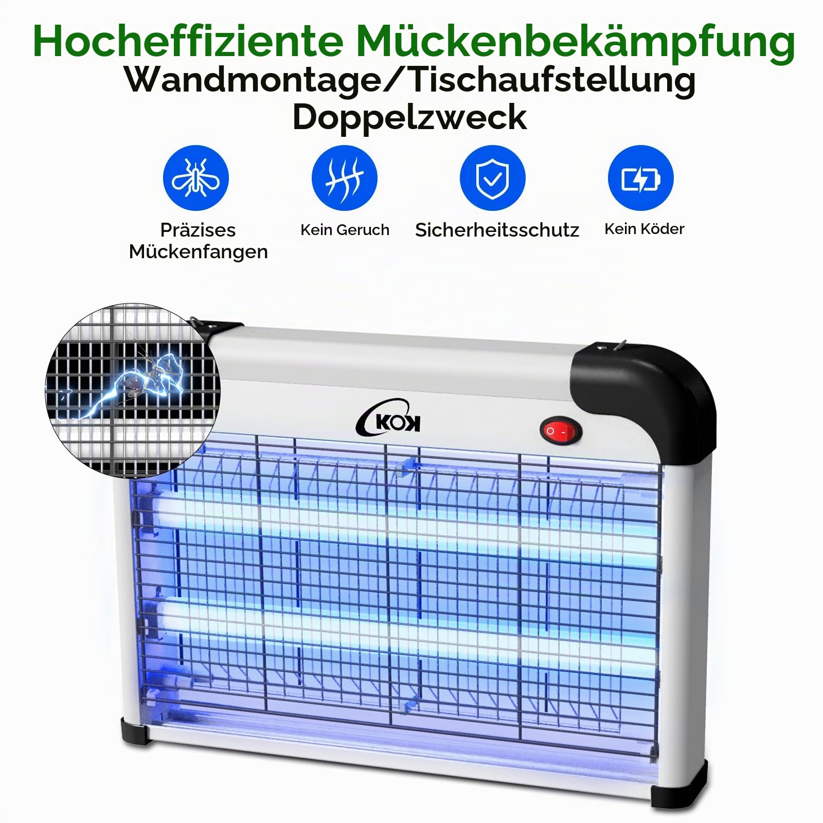 KOK 20W UV Insektenvernichter elektrisch, Mückenlampe mit Zwei Ersatzbirnen geliefert, enthält Keine Chemikalien und eignet Sich für Innenräume wie Schlafzimmer, Wohnzimmer und Küchen