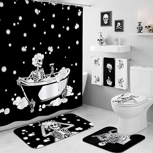Tingjoo 7 Pcs Skull Shower Curtain Sets, Halloween Bathroom Decor