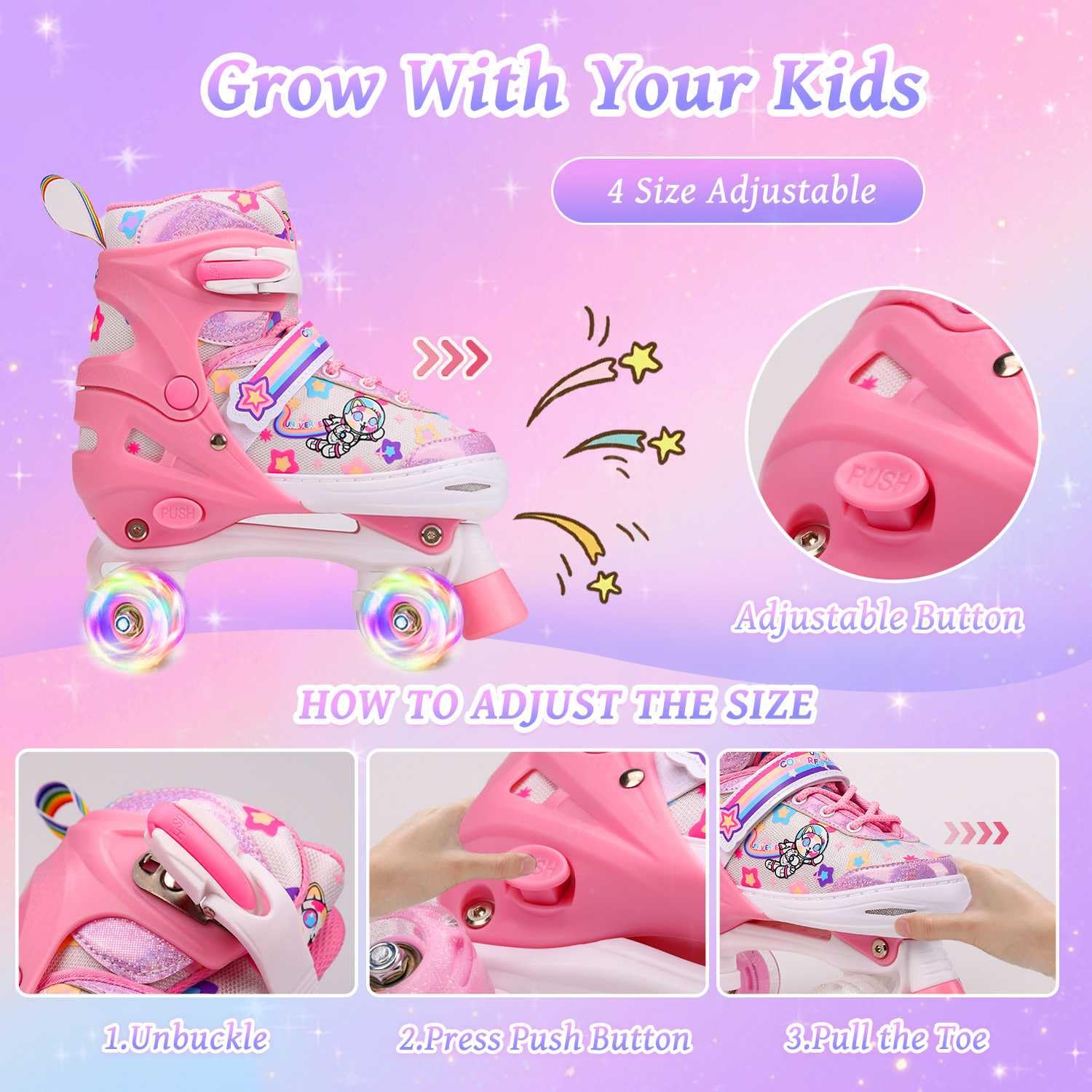 Roller Enfant Fille, Patin a Roulette Fille Enfant, Roues Lumineuses, Rollers pour Enfants 4 Taille Réglable pour débutants, Rollers Quad pour Filles et garçons