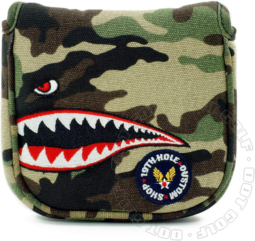 19th Hole Custom Shop Fighter Plane High-MOI Mallet Putter Headcover, Heel Shaft, Camouflage, Golf Head Cover