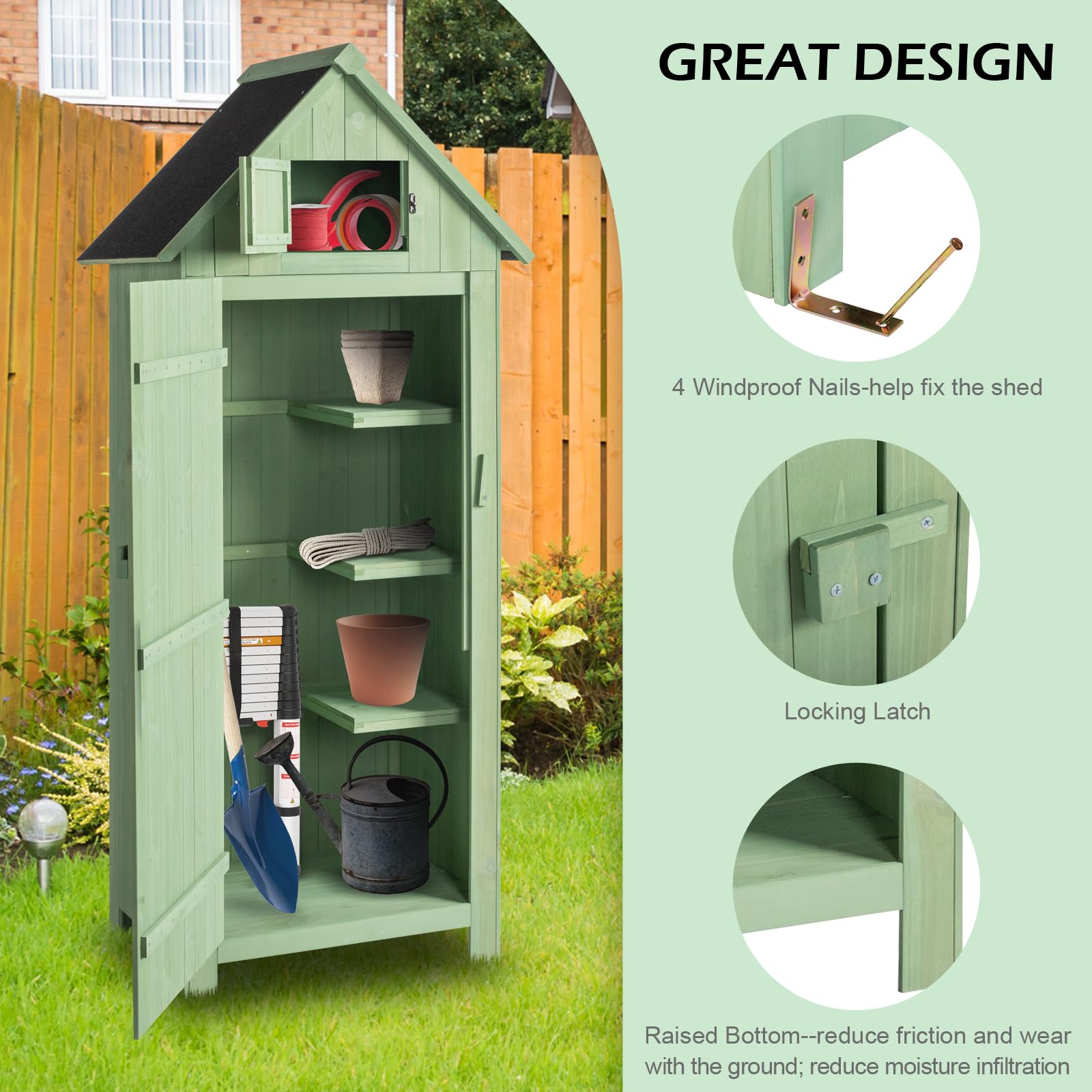 Outopee Wooden Garden Shed with Single Door and Slope Roof, Outdoor Storage Shed, Waterproof Utility Wooden Lockers, 77 x 54.3 x 179 cm, Green — view 8