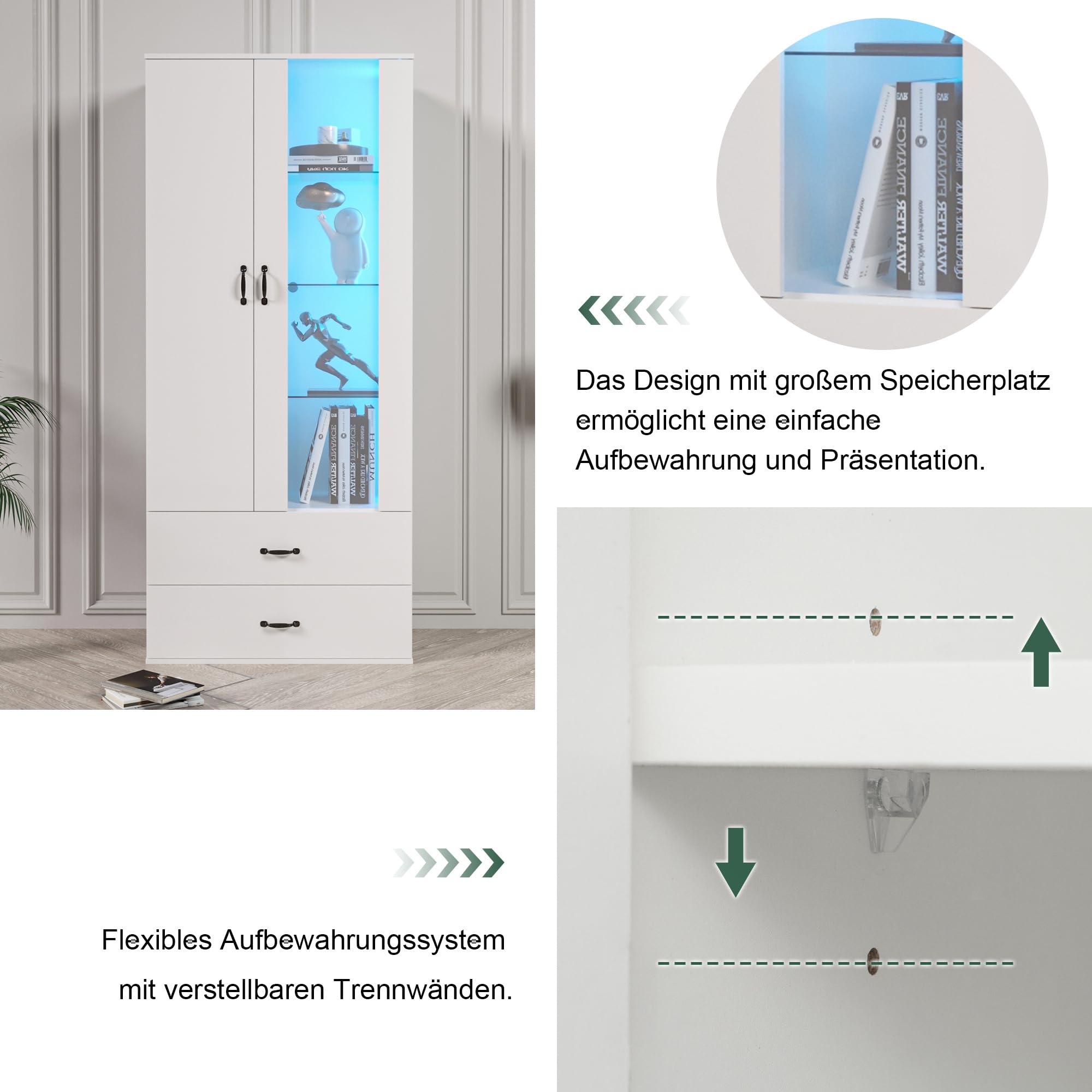 Vitrina iluminada por LED de 16 colores, 2 puertas, 2 cajones con puertas de cristal, vitrina de pie con LED blanca, para salón, pared de salón, vitrina LED, armario de buffet, estantería alta,