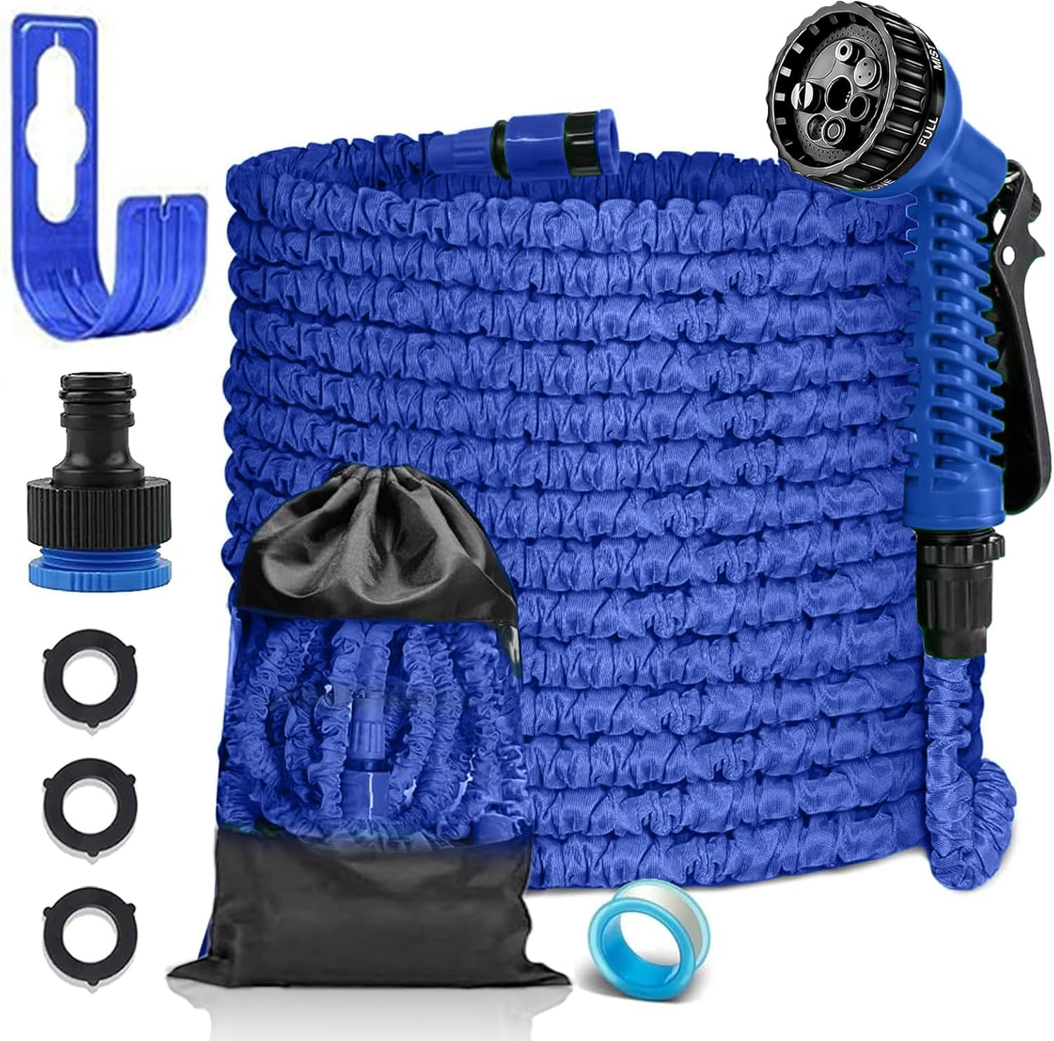Lingky Blue 50Ft Expandable Garden Hose Pipe - Flexible Water Hose With 3/4", 1/2" Fittings, Expanding Magic Hose, Garden Hose With 7 Function Spray Nozzle, Latex Core Hosepipe Anti-Leakage